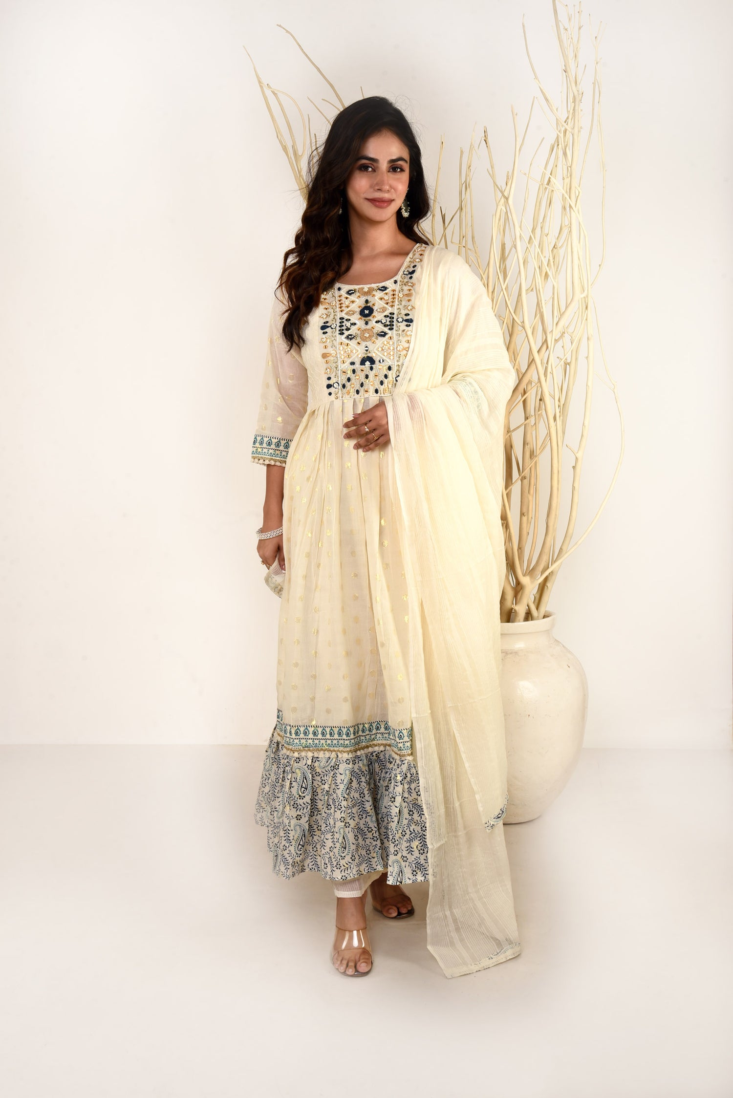 Komal Off White Mulmul Kurta set with Embroidery