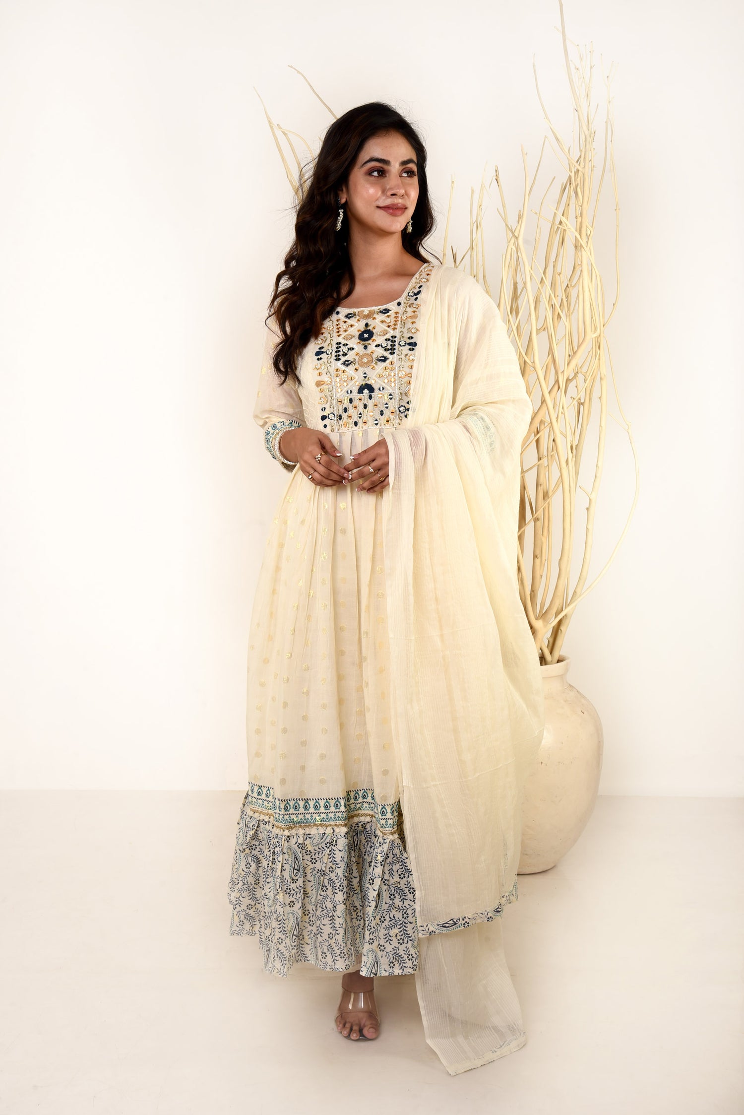 Komal Off White Mulmul Kurta set with Embroidery