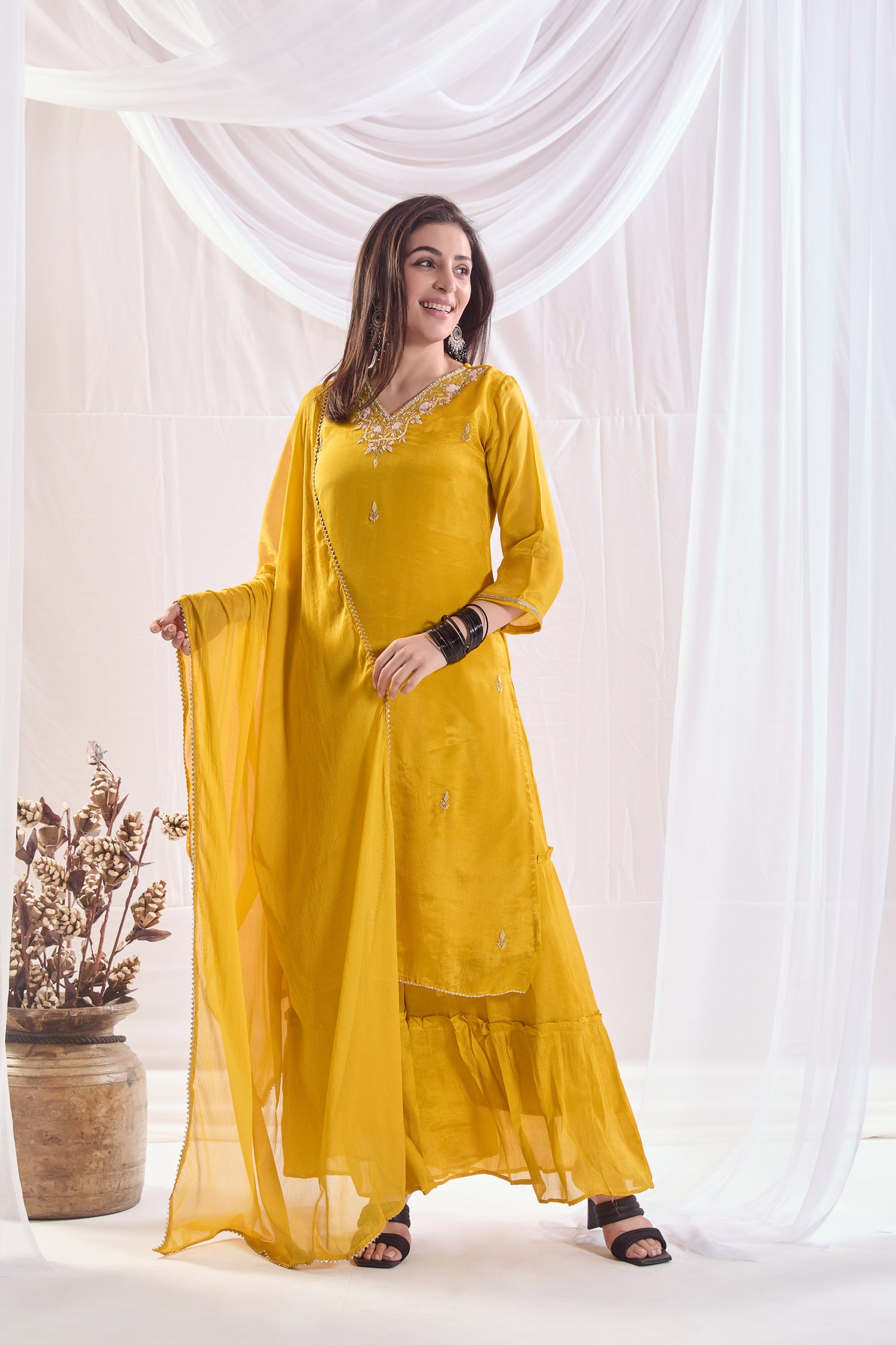 Golden Glow Chinnon Sharara set with Embroidery