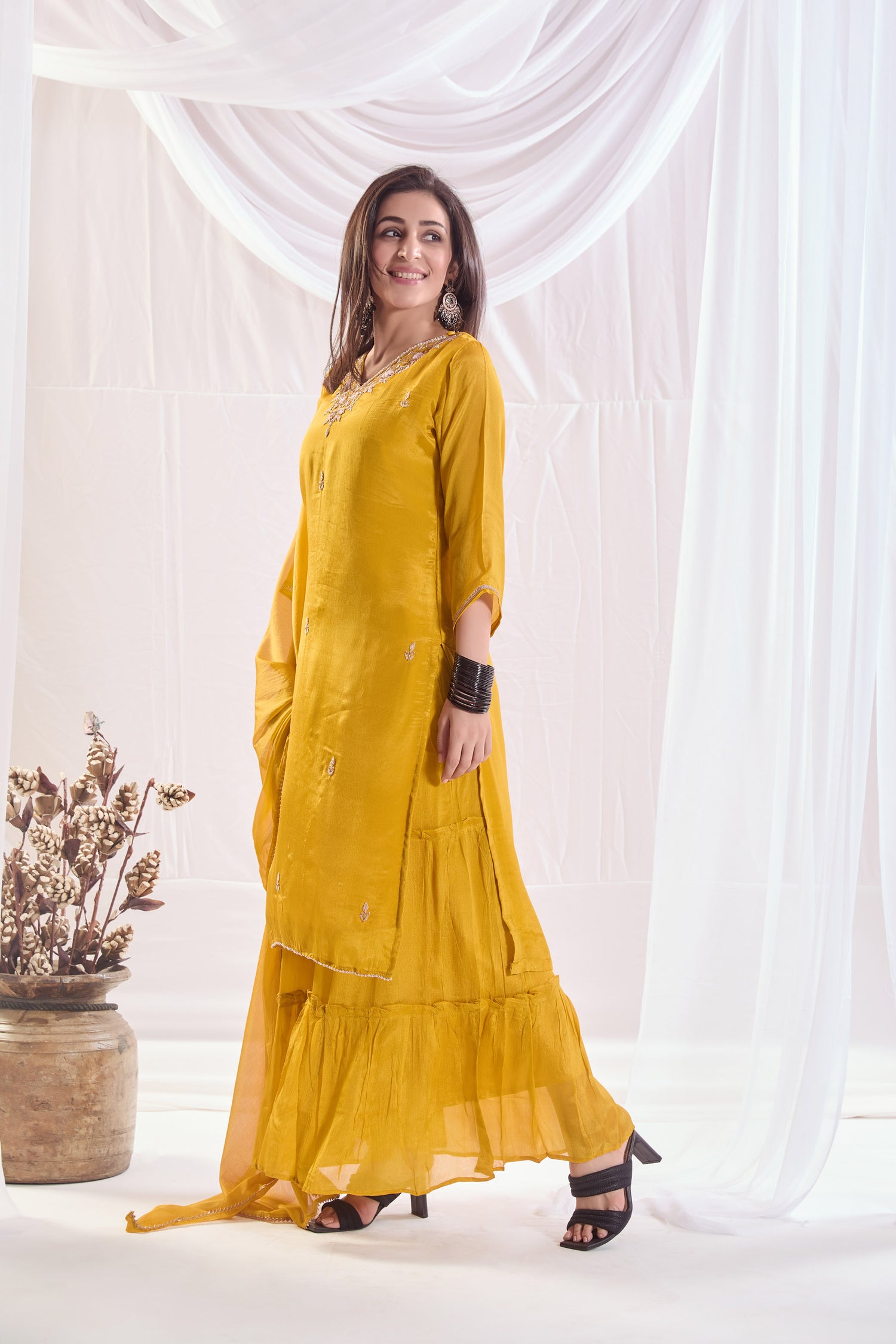 Golden Glow Chinnon Sharara set with Embroidery