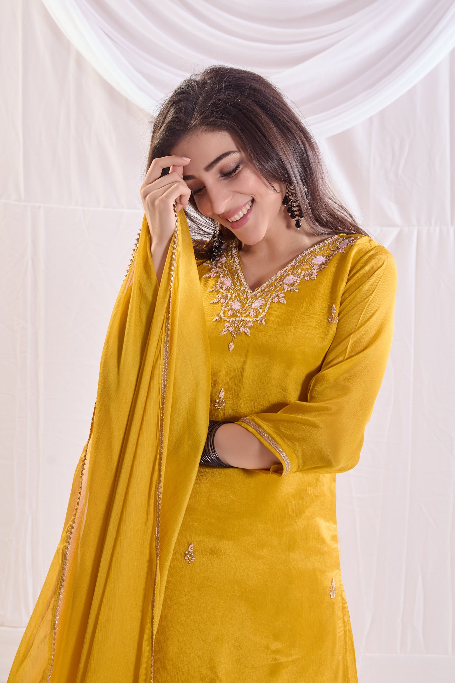 Golden Glow Chinnon Sharara set with Embroidery