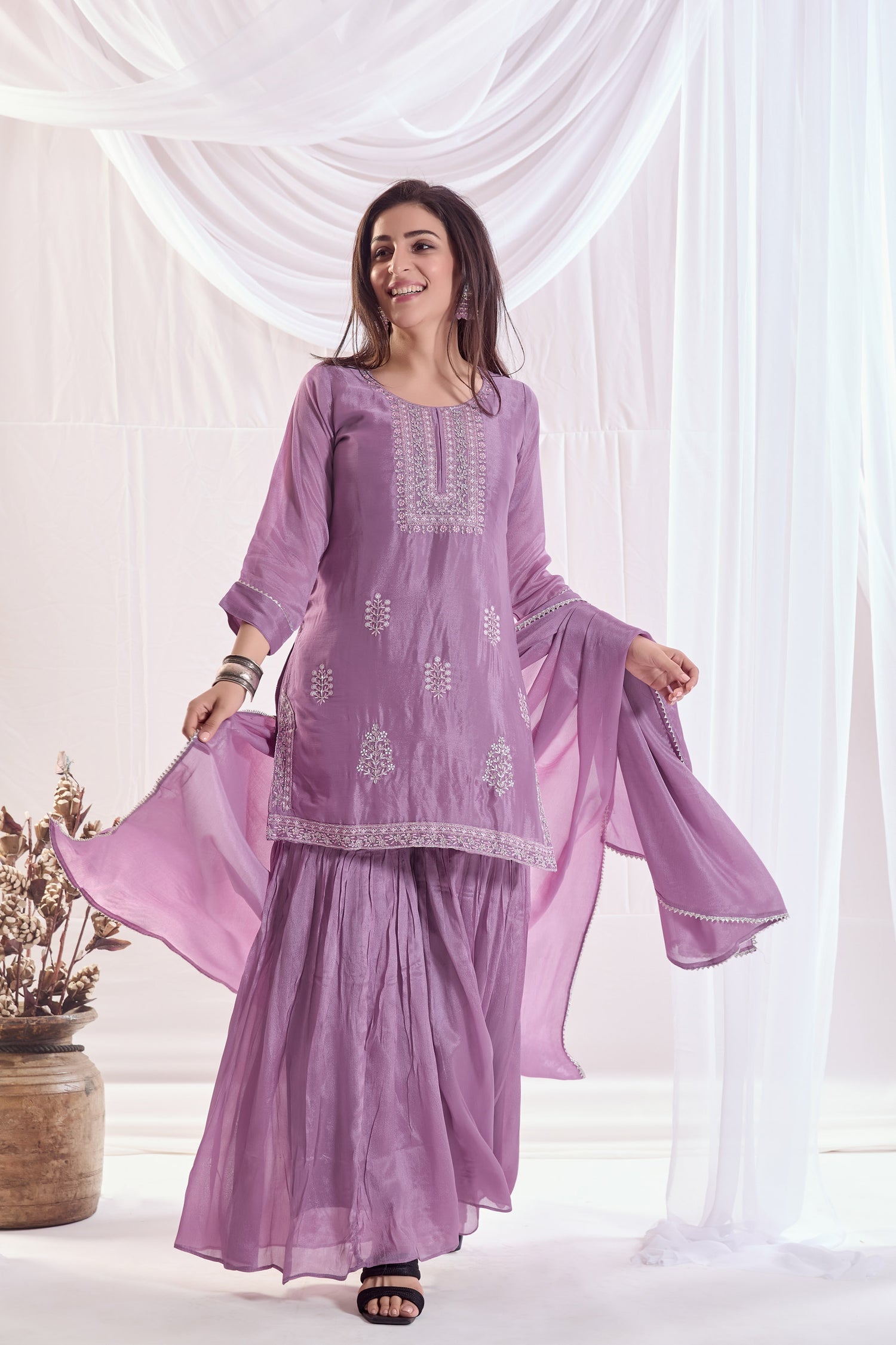 Petal Blush Chinnon Sharara set with Embroidery