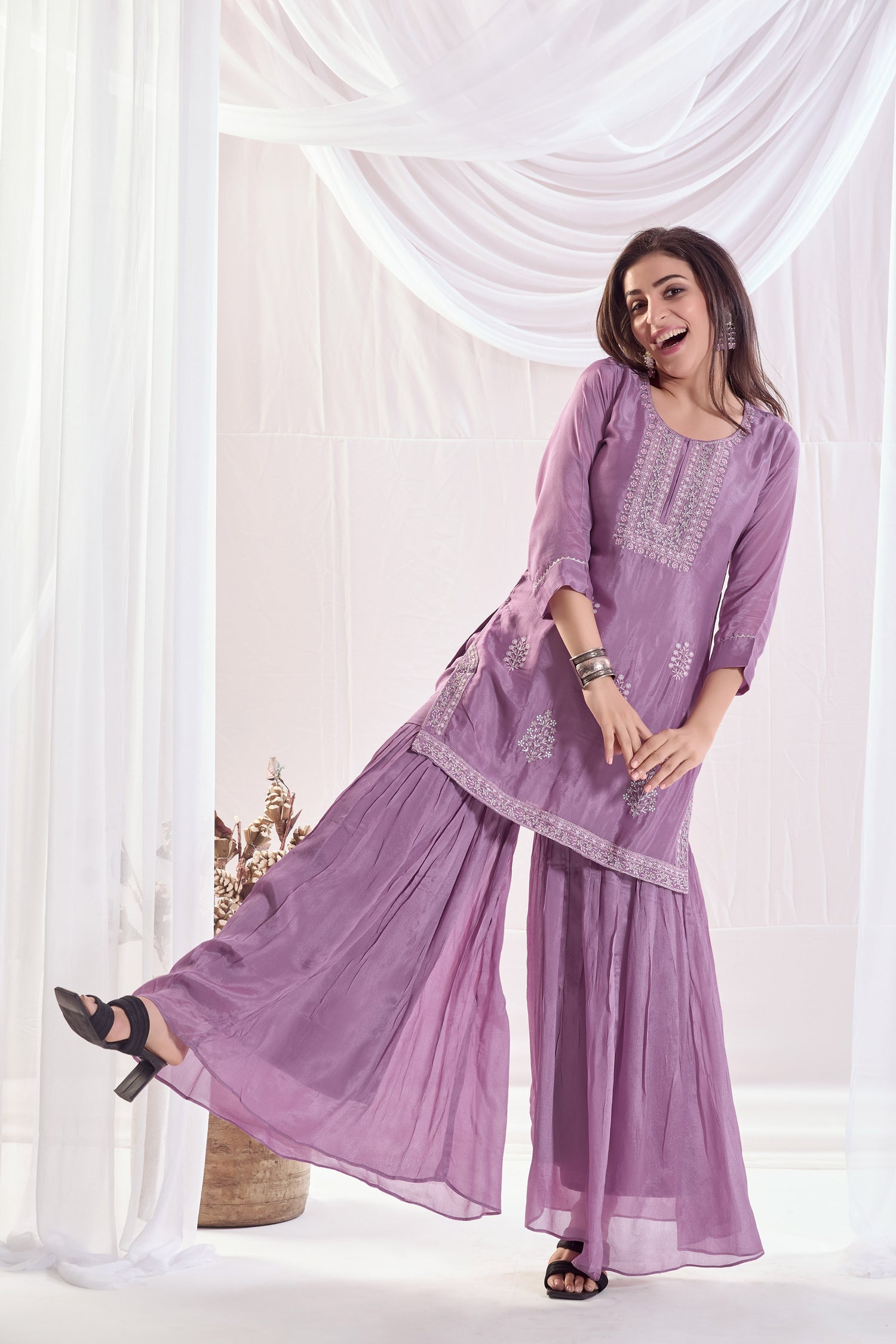 Petal Blush Chinnon Sharara set with Embroidery