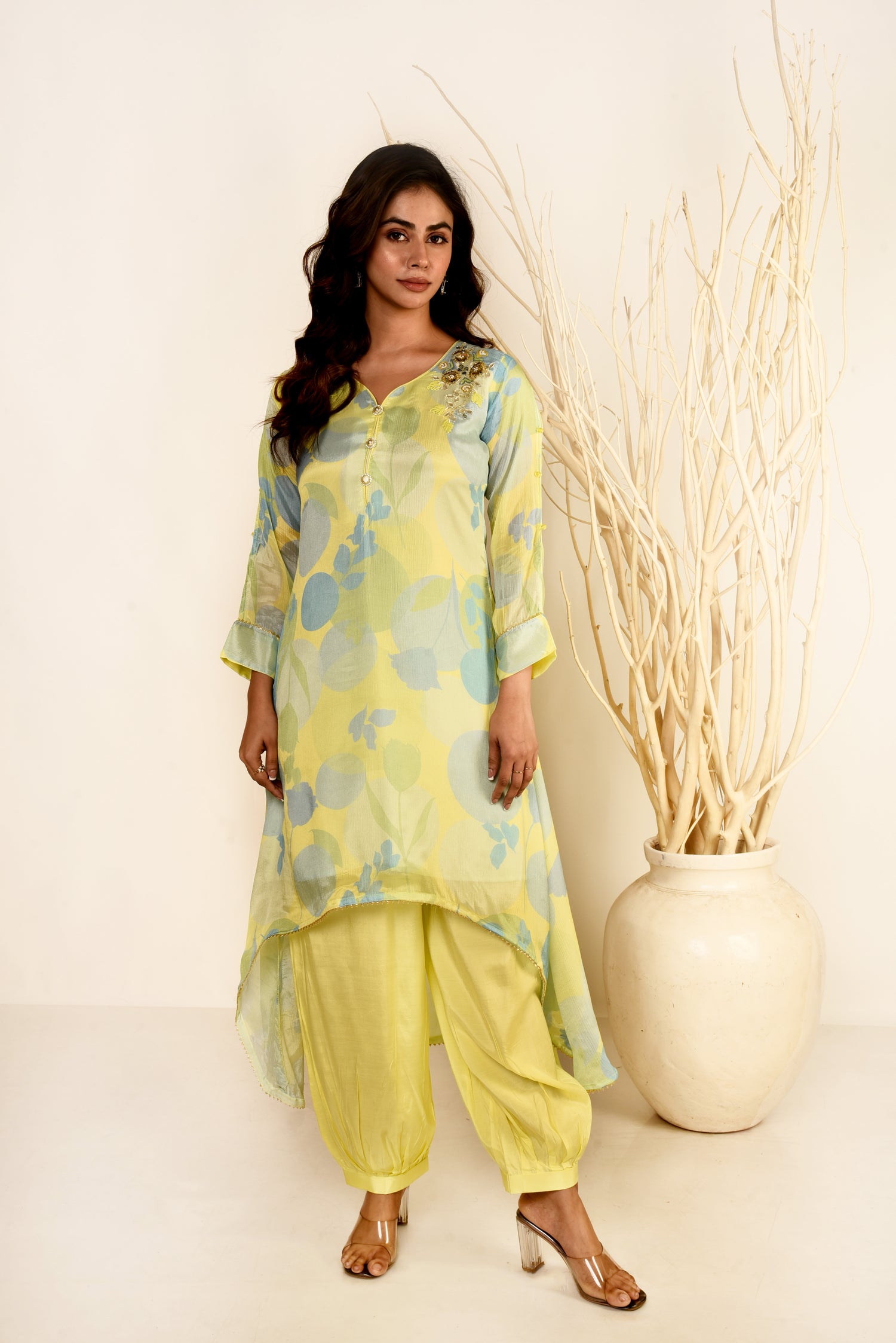 Sunshine Yellow Chiffon Printed Co-ord set with Embroidery