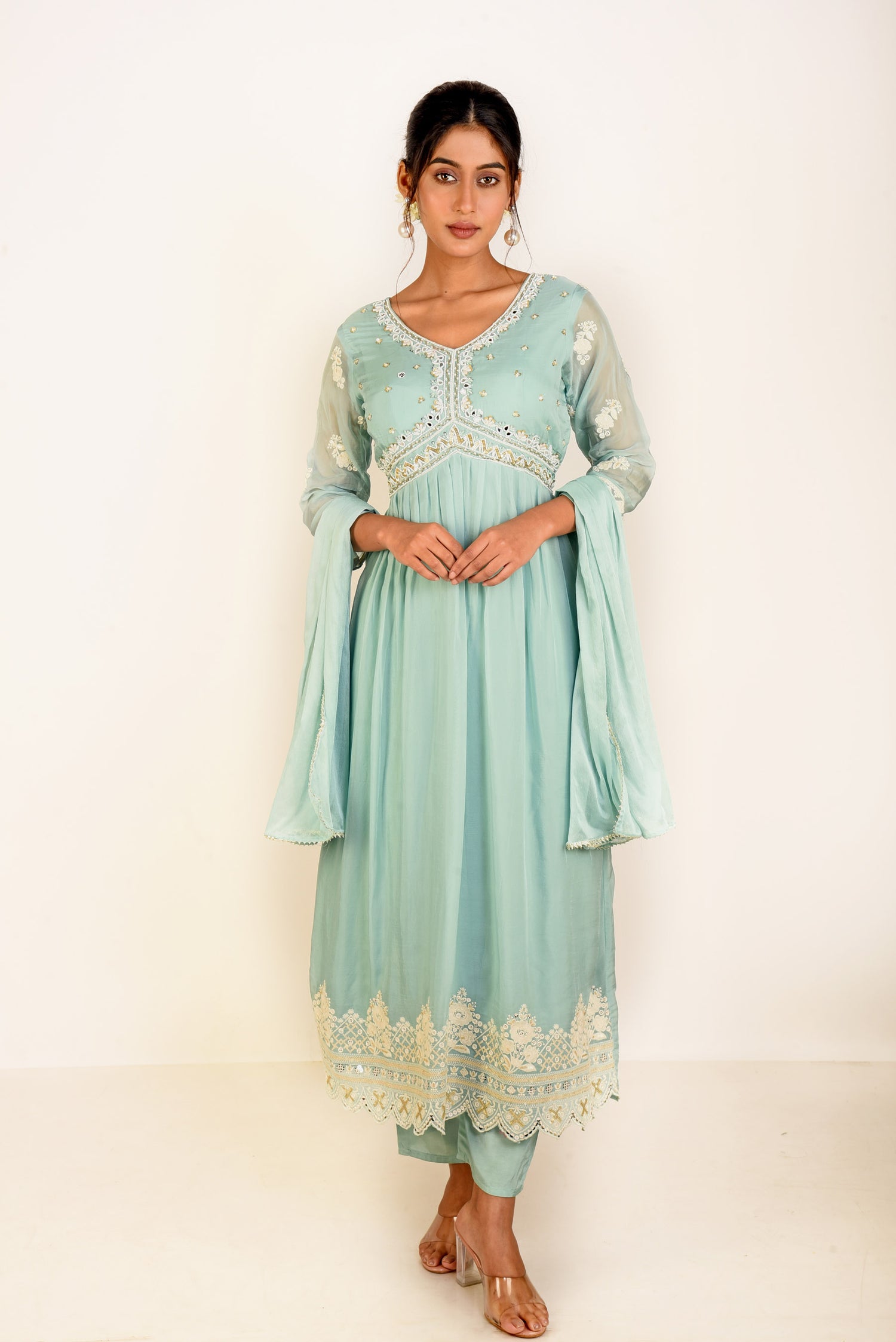 Misty Blue Organza Kurta set with Embroidery