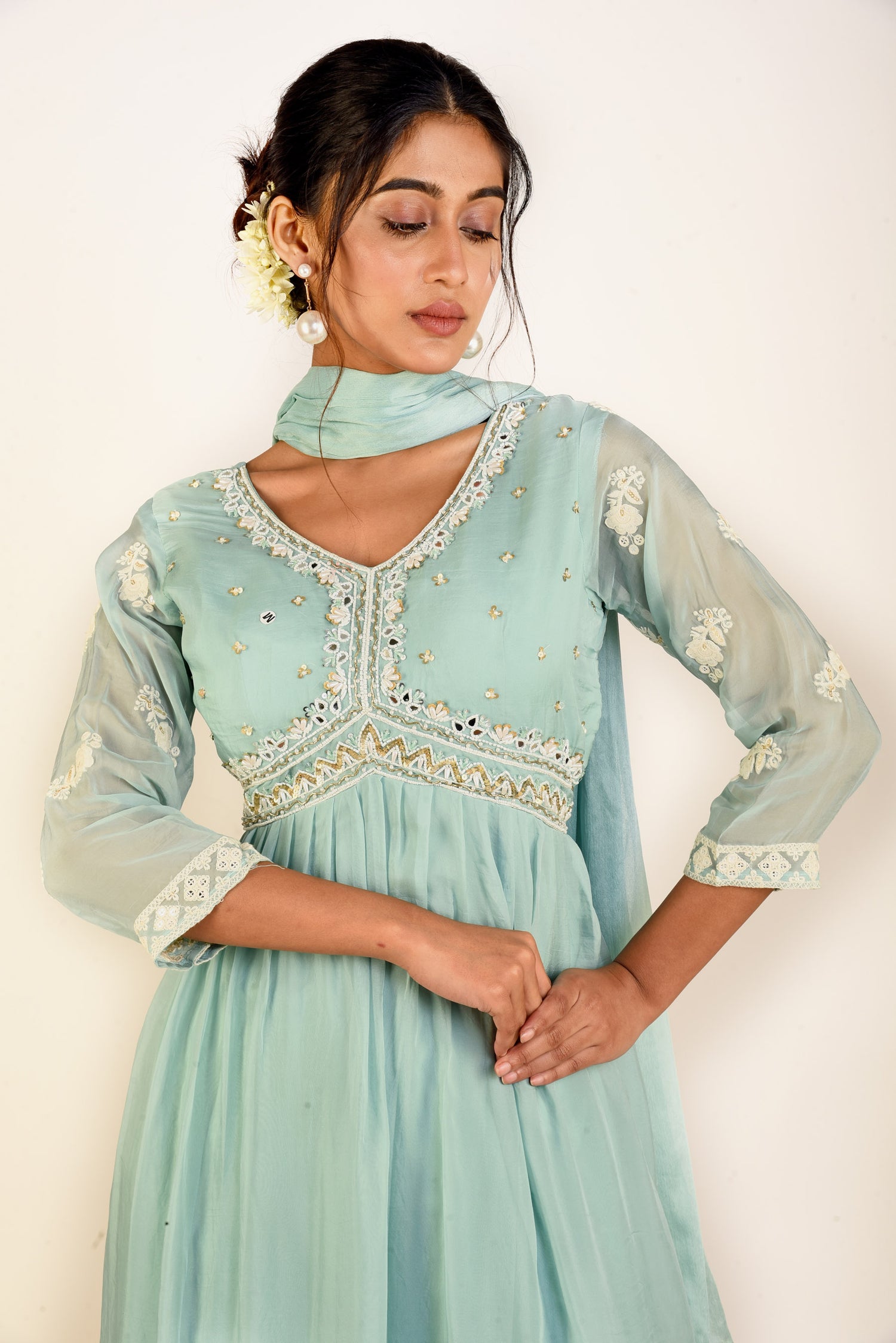 Misty Blue Organza Kurta set with Embroidery