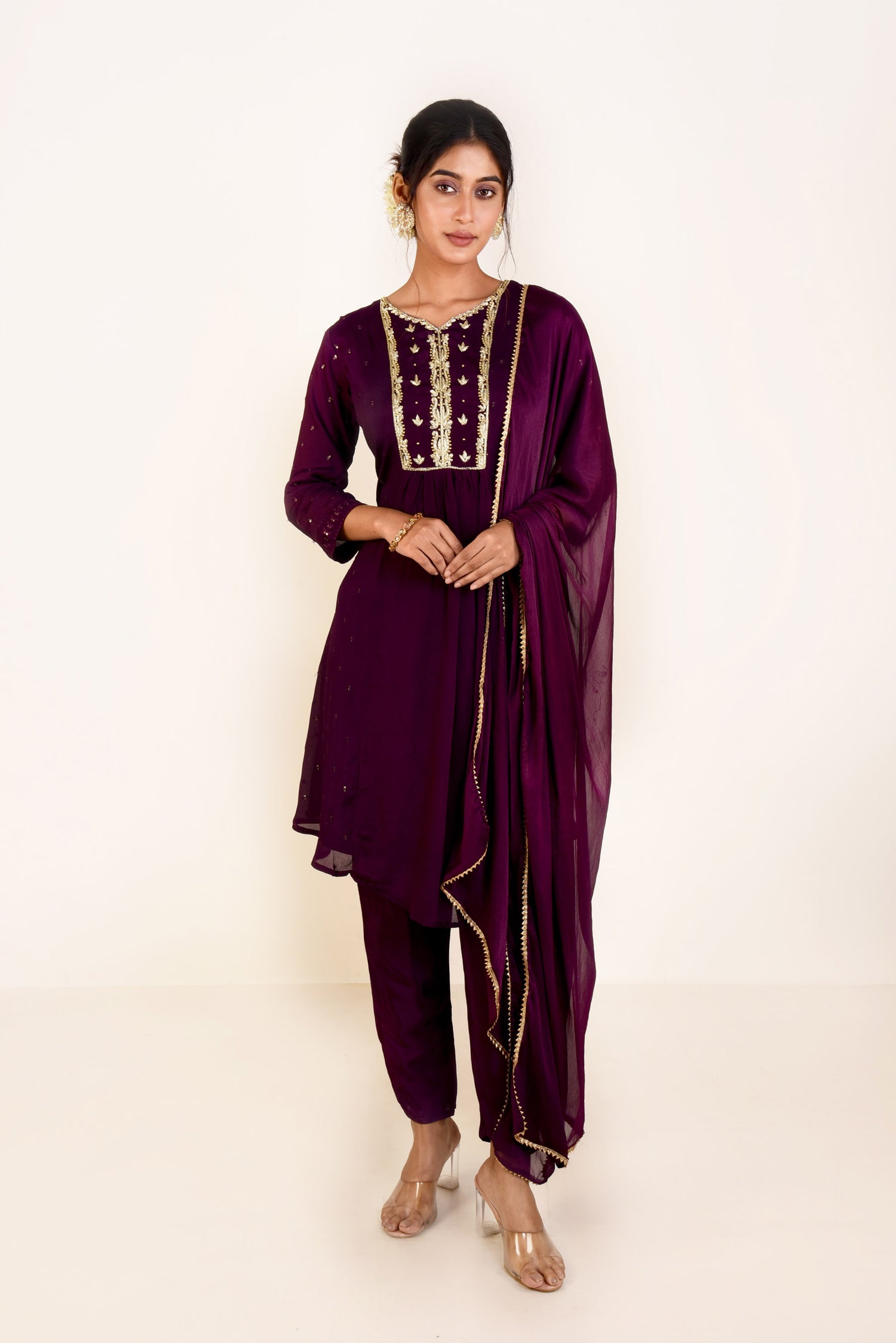 Royal Purple Chinnon  Sharara set with Embroidery