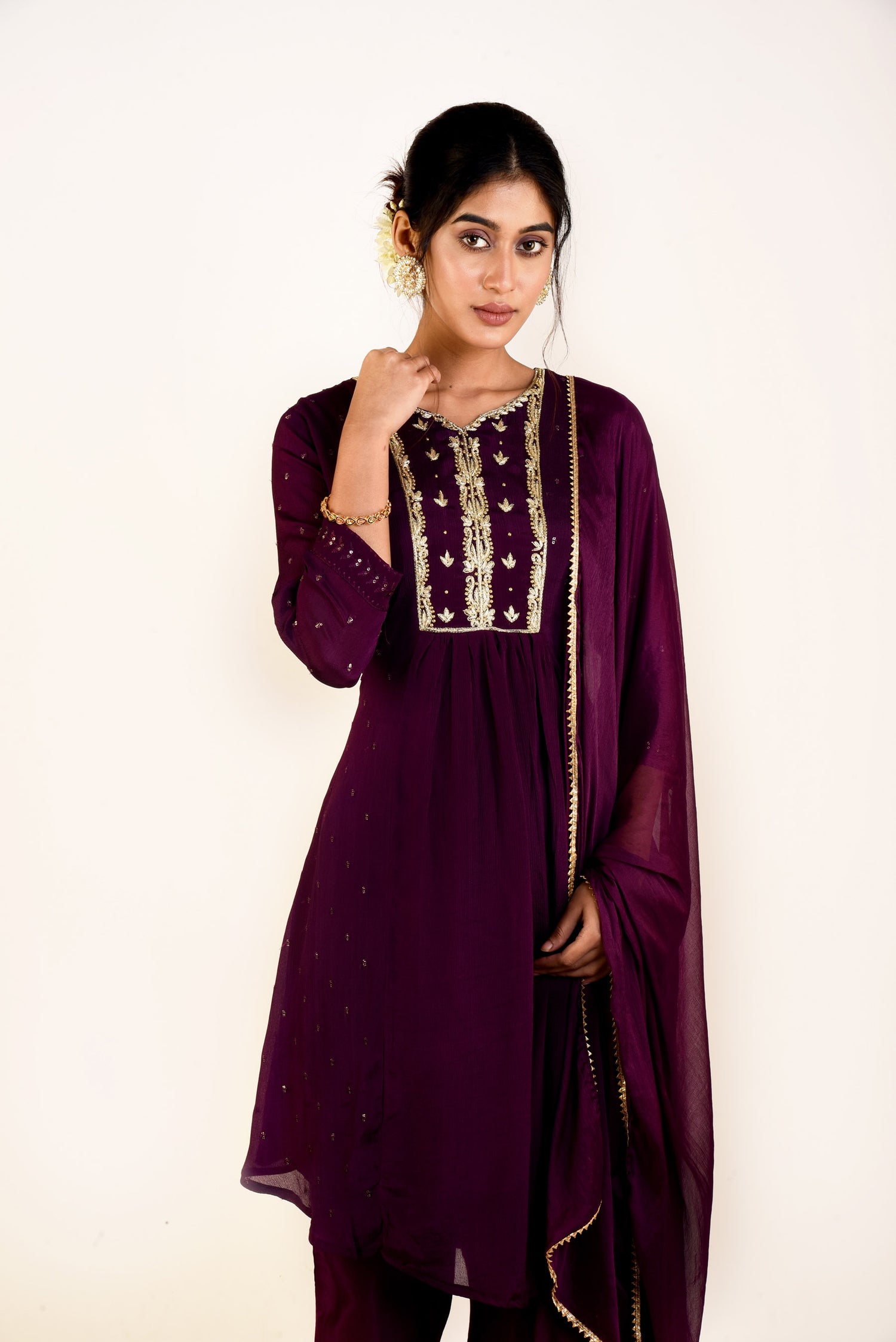 Royal Purple Chinnon  Sharara set with Embroidery