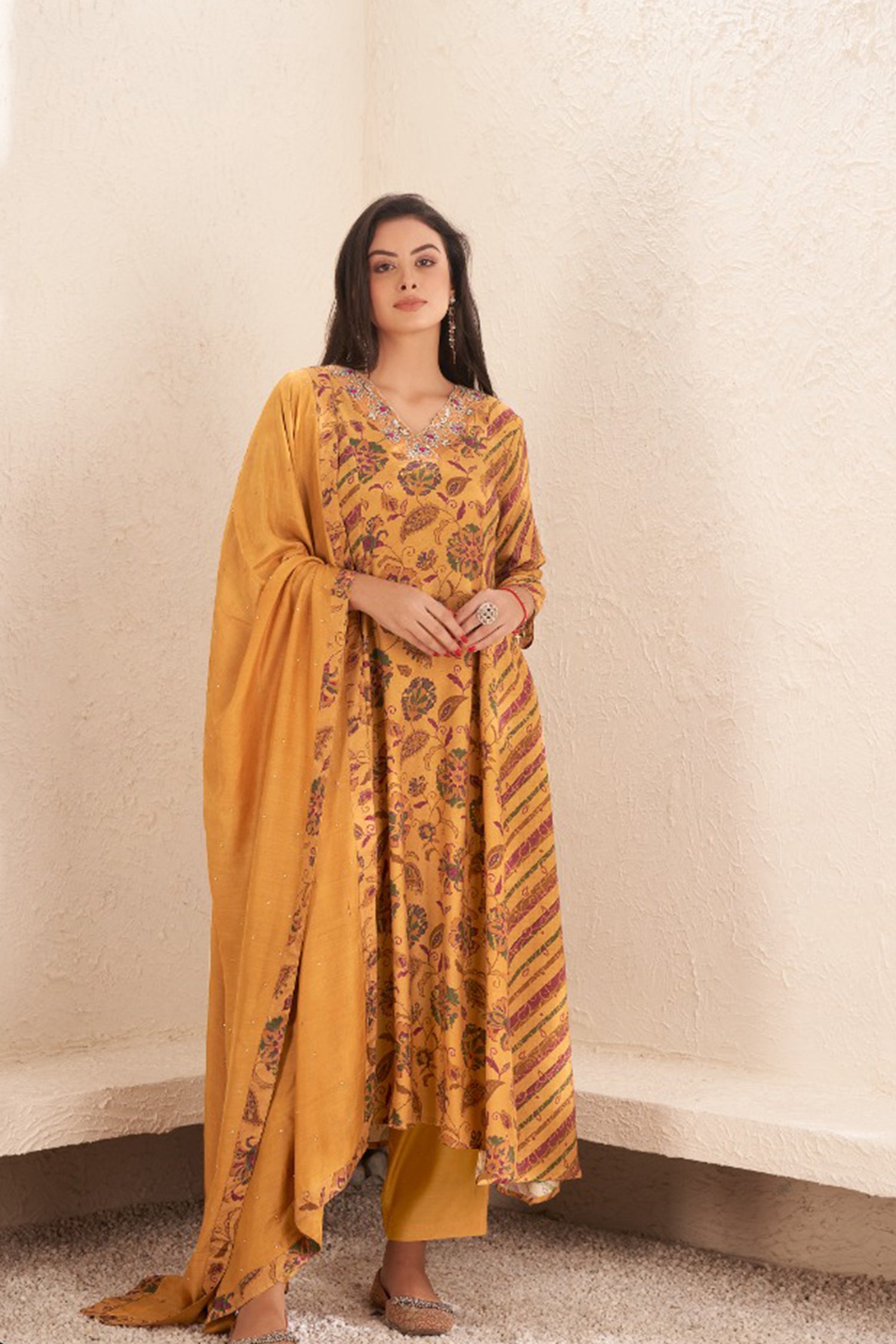 Amber Muslin Silk Printed Kurta set with Embroidery