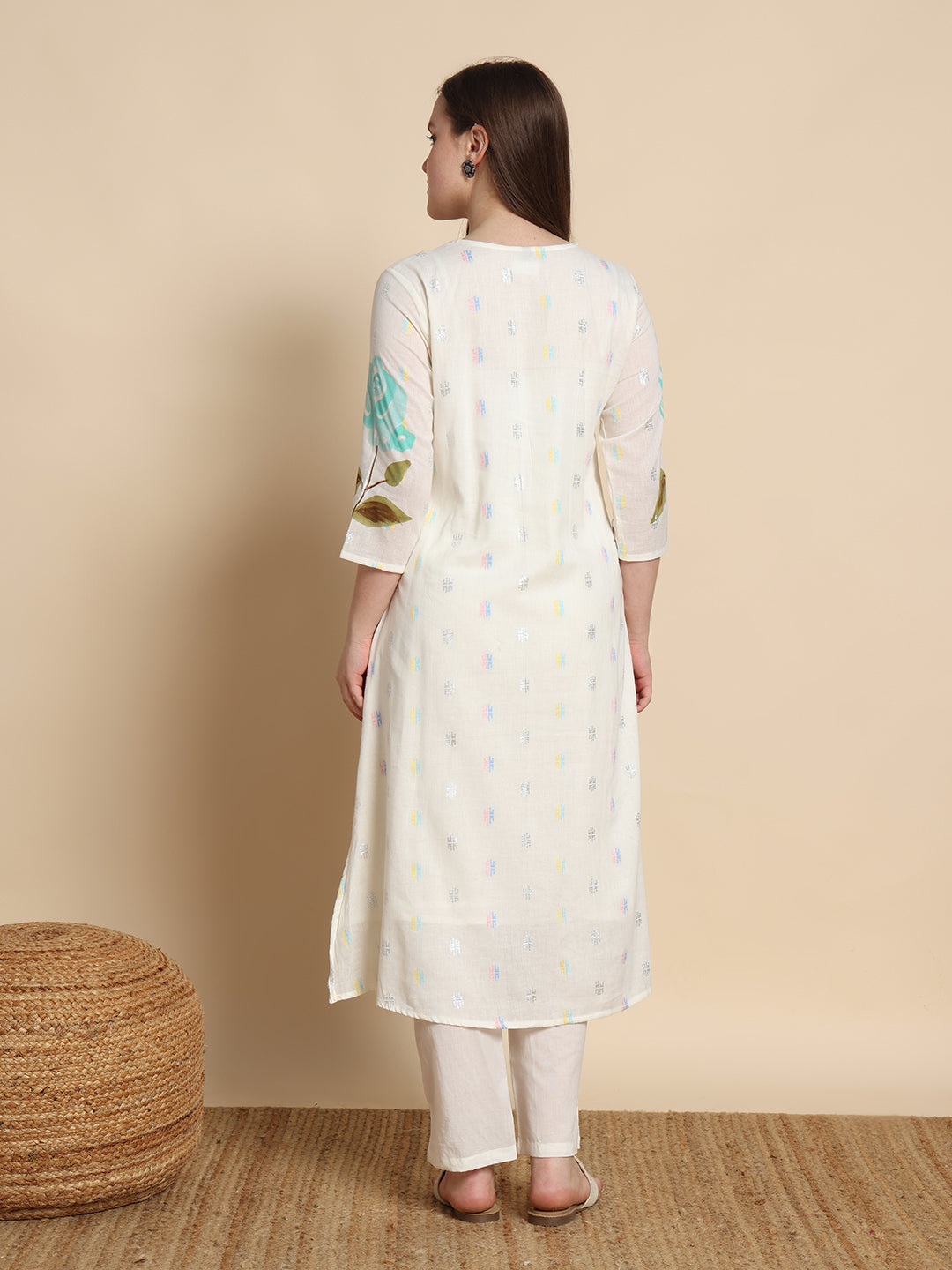 White Flower Loom Kurta Set