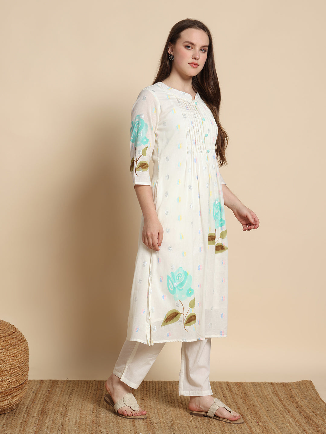 White Flower Loom Kurta Set