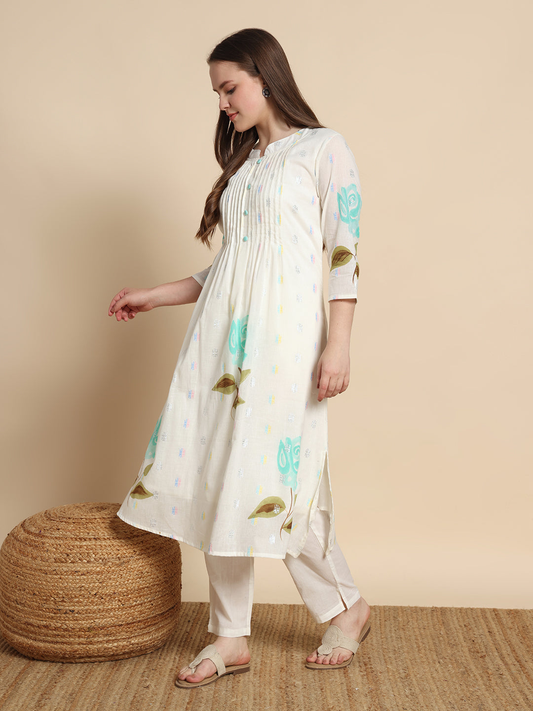 White Flower Loom Kurta Set