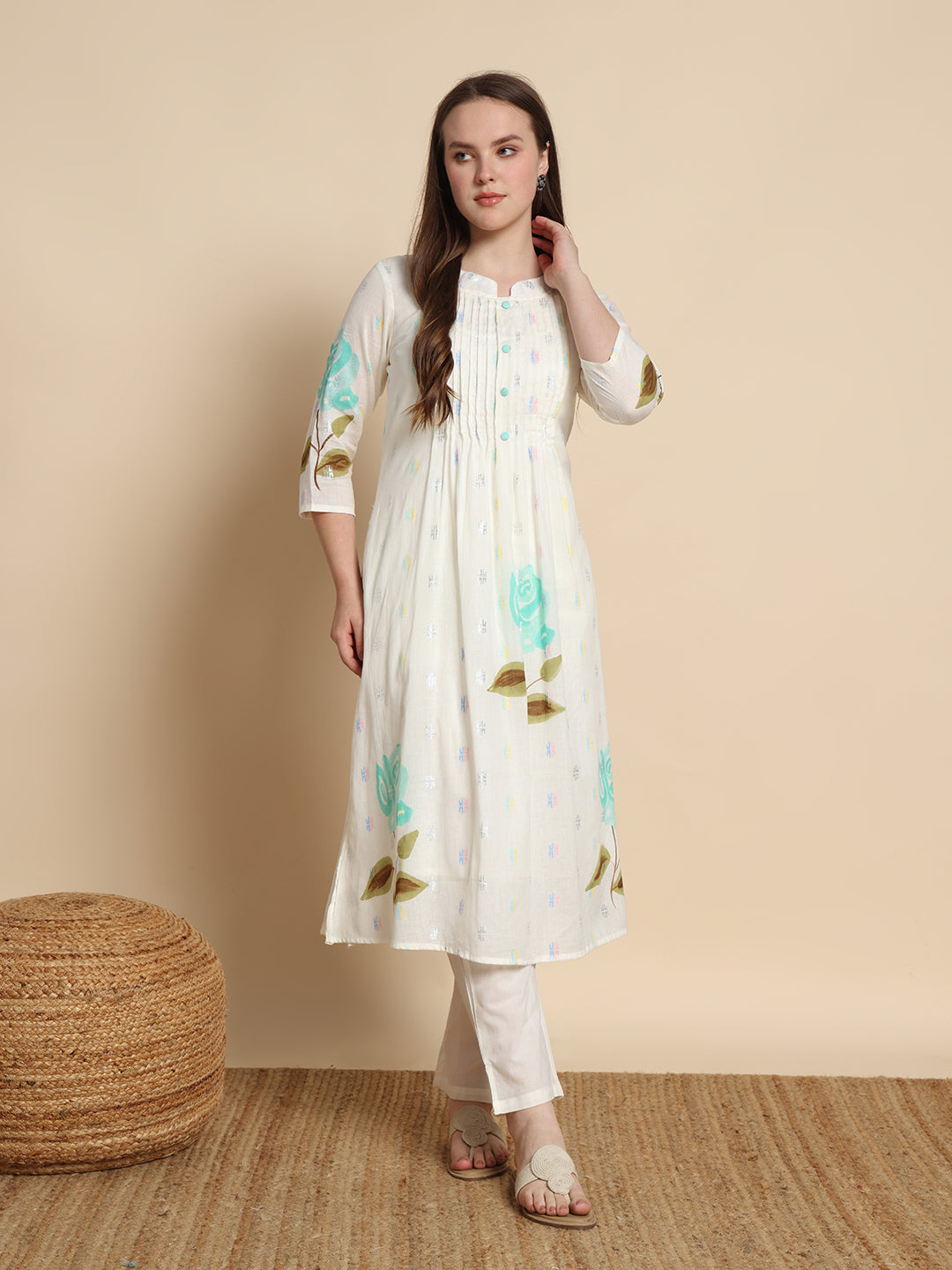 White Flower Loom Kurta Set