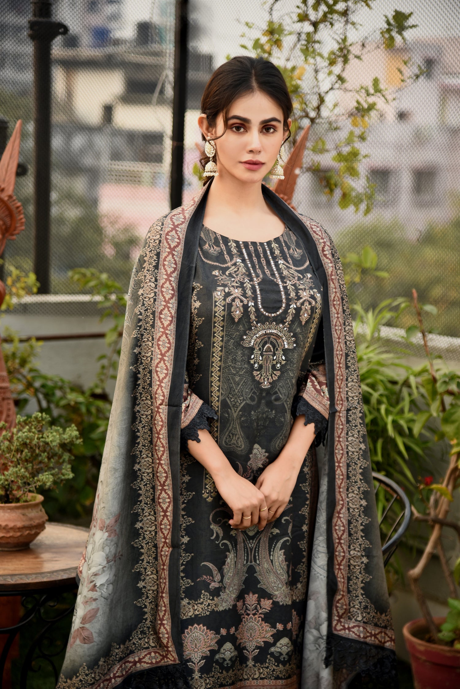 Sable Grey Muslin Silk Printed Kurta set with Hand Emroidery