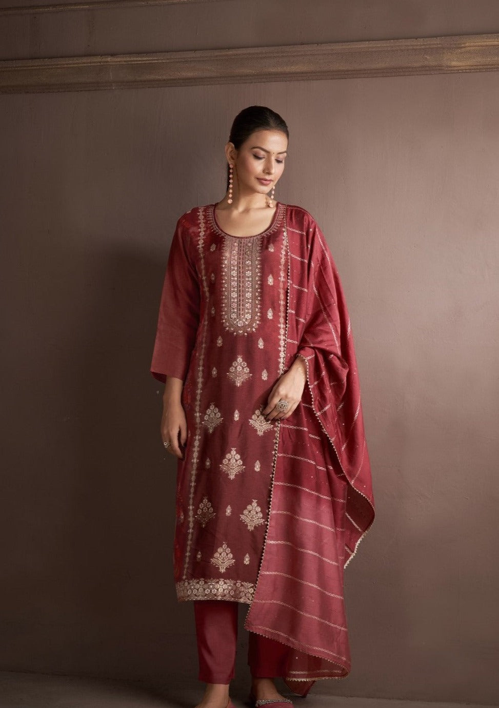 Royal Maroon Muslin Silk Kurta set wiith Embroidery