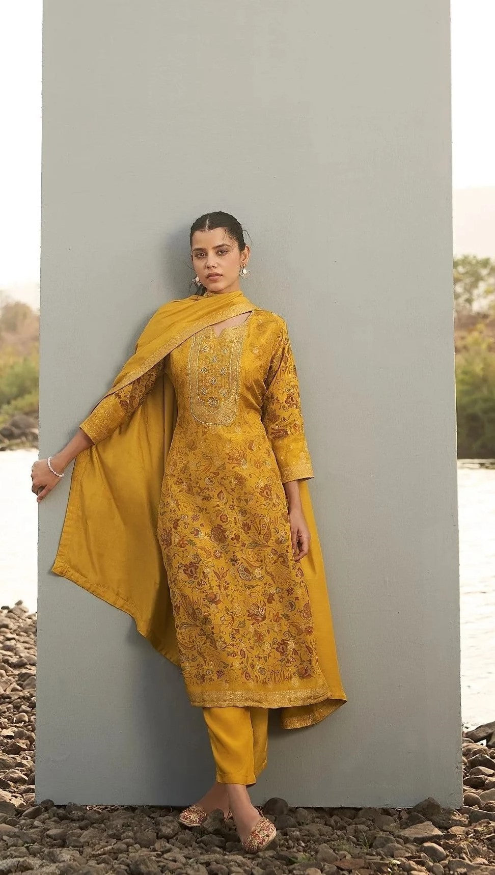 Golden Mustard Dola Silk Printed Kurta set with Embroidery