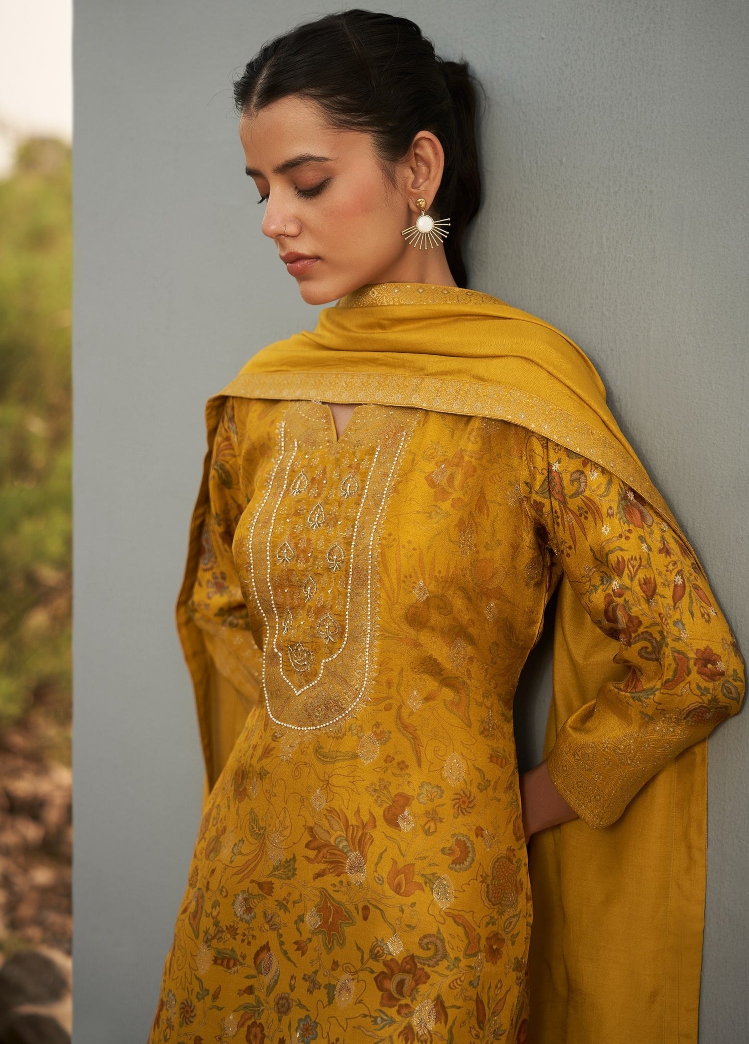 Golden Mustard Dola Silk Printed Kurta set with Embroidery