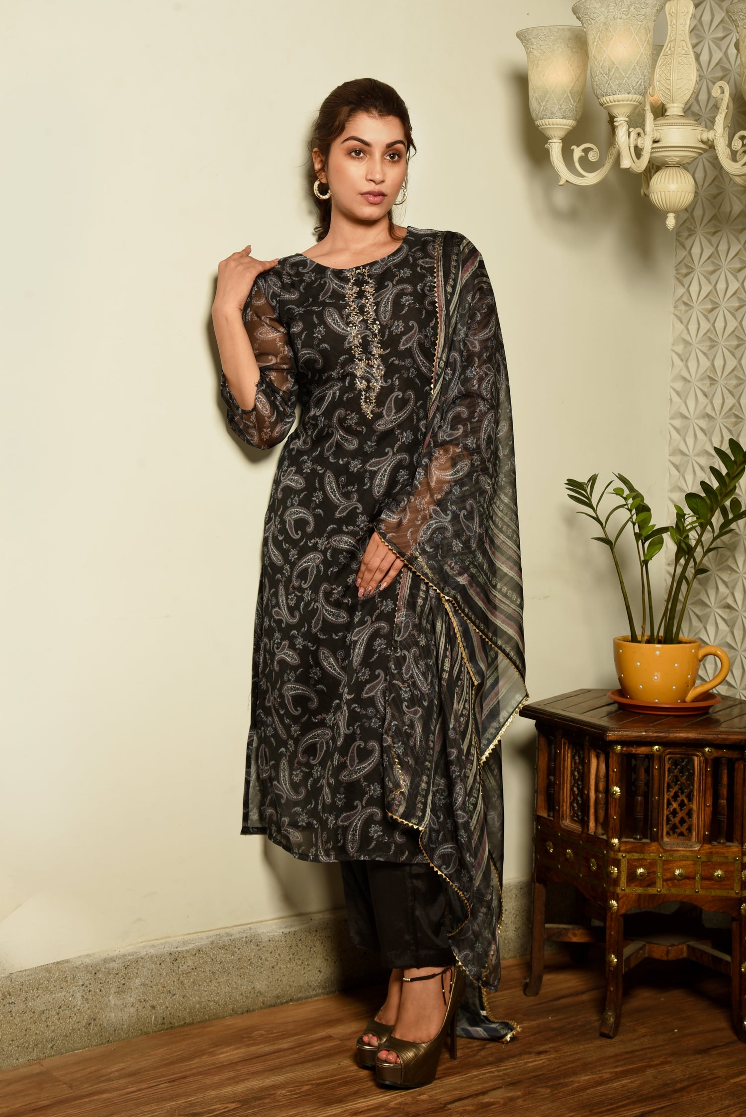 Midnight Black Tissue Printed Kurta set with Hand Embroidery