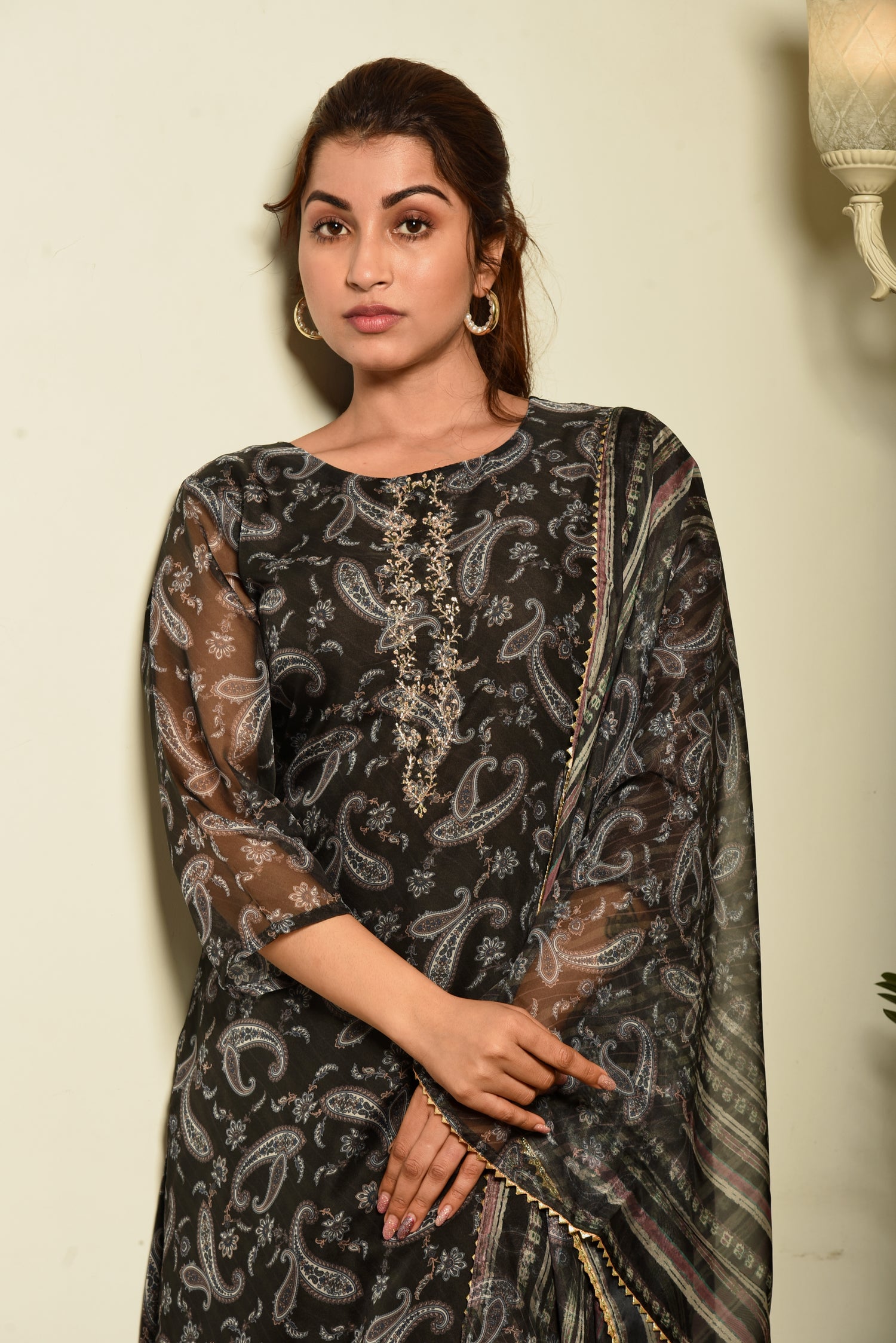 Midnight Black Tissue Printed Kurta set with Hand Embroidery