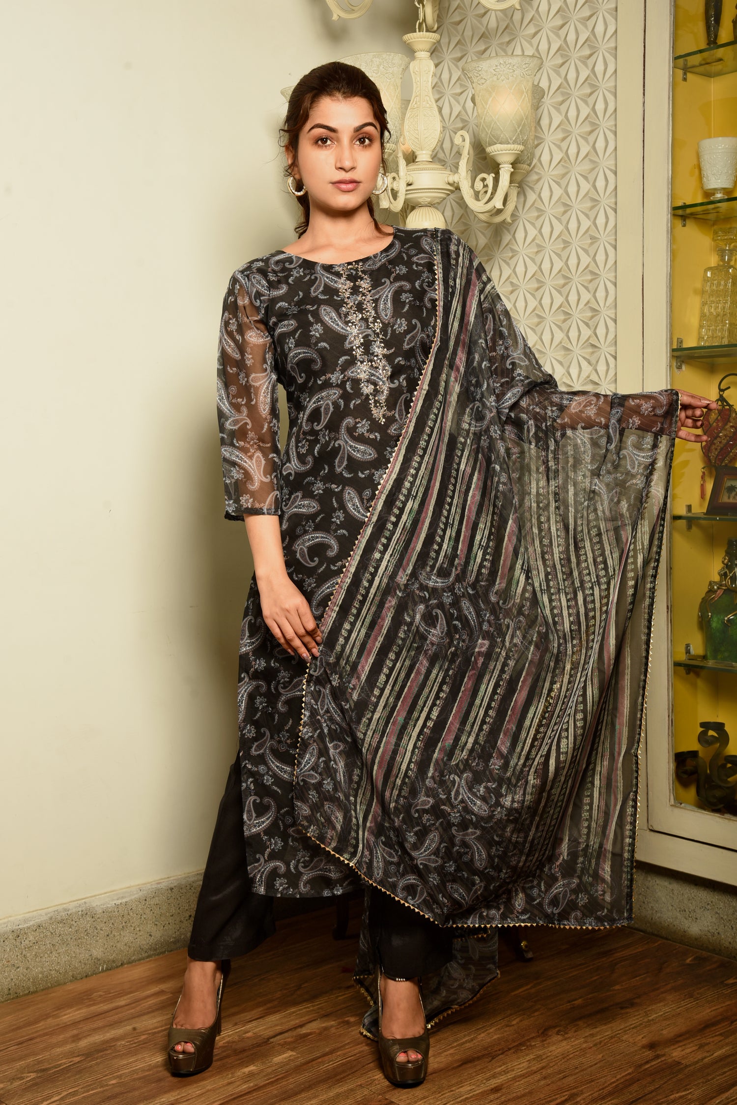 Midnight Black Tissue Printed Kurta set with Hand Embroidery