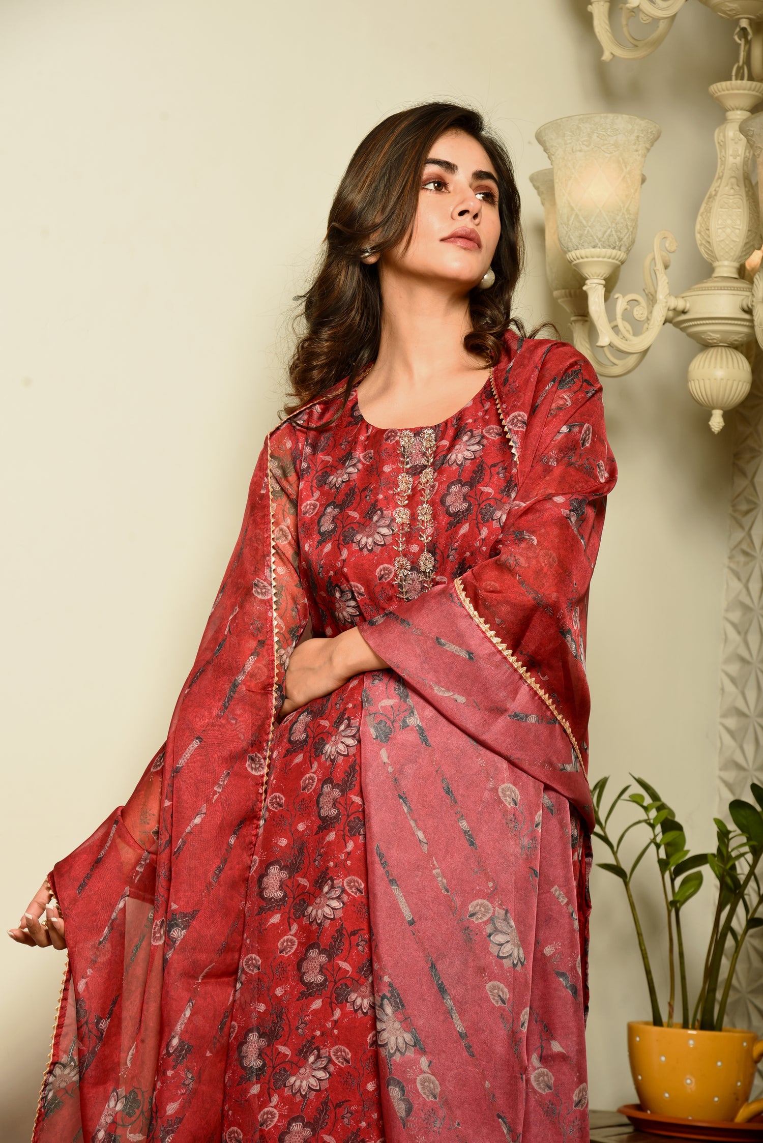 Maroon Floral Tissue Printed Kurta set with Hand Embroidery