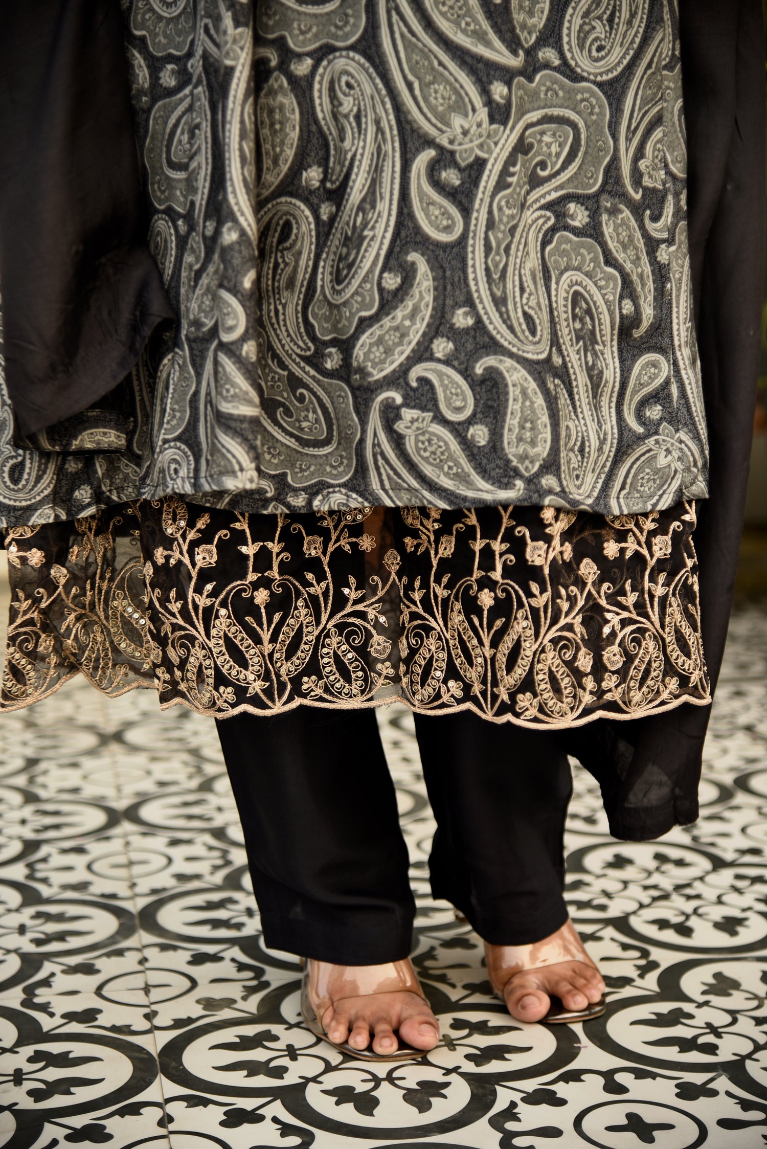 Raven Black Muslin Silk Paisley Printed Kurta set with Hand Embroidery