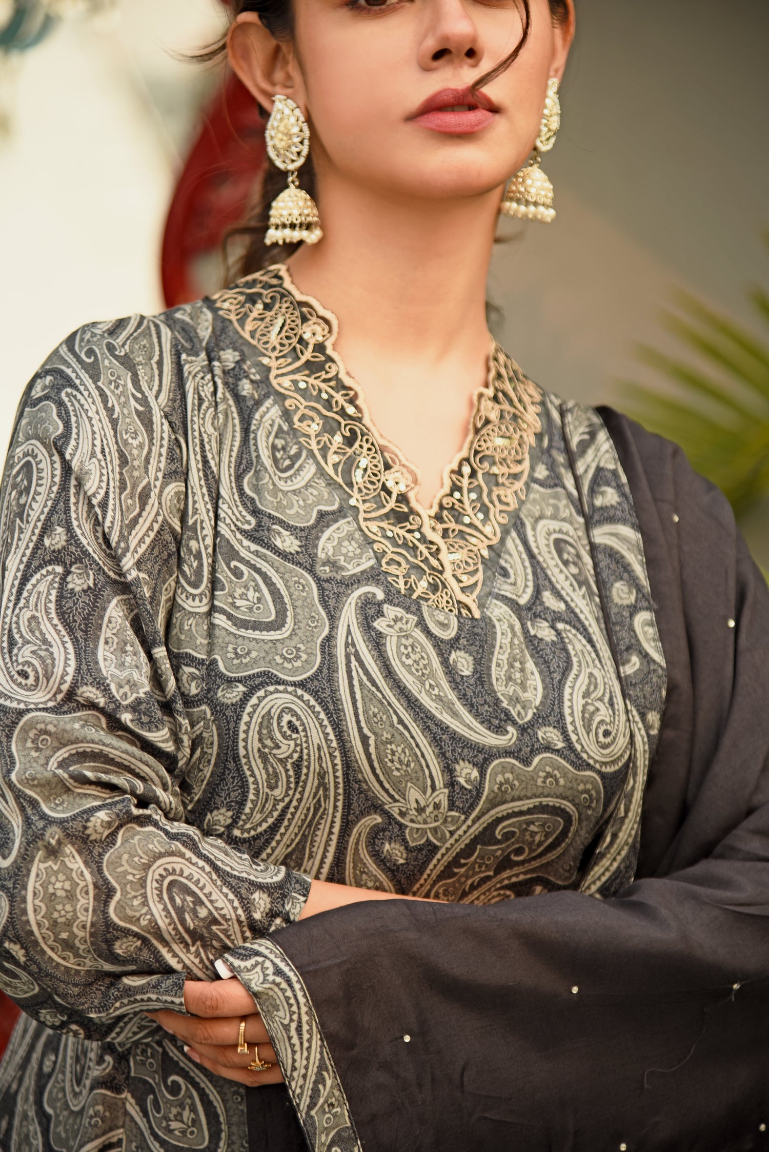 Raven Black Muslin Silk Paisley Printed Kurta set with Hand Embroidery