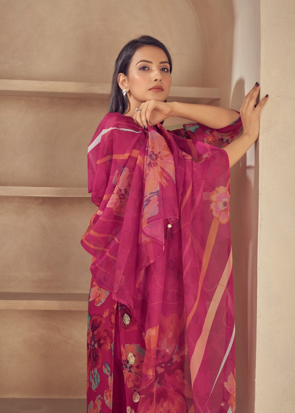 Rosy Pink Organza Printed Kurta set with Embroidery