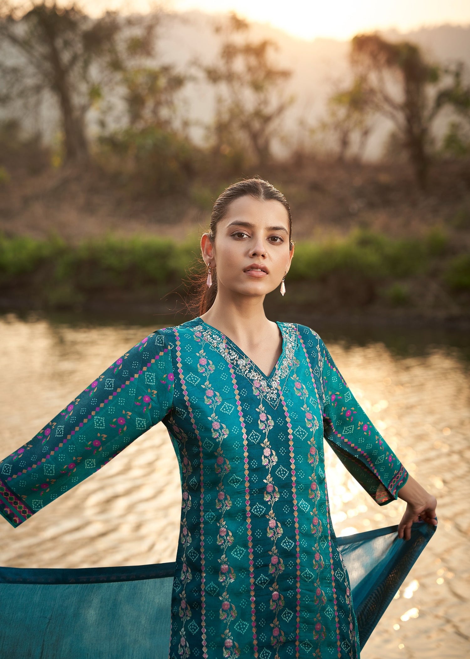 Peacock Blue Chinnon Chiffon Printed Kurta set with Embroidery