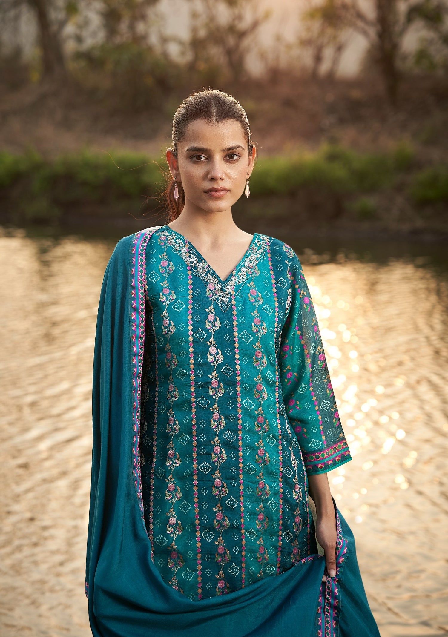 Peacock Blue Chinnon Chiffon Printed Kurta set with Embroidery