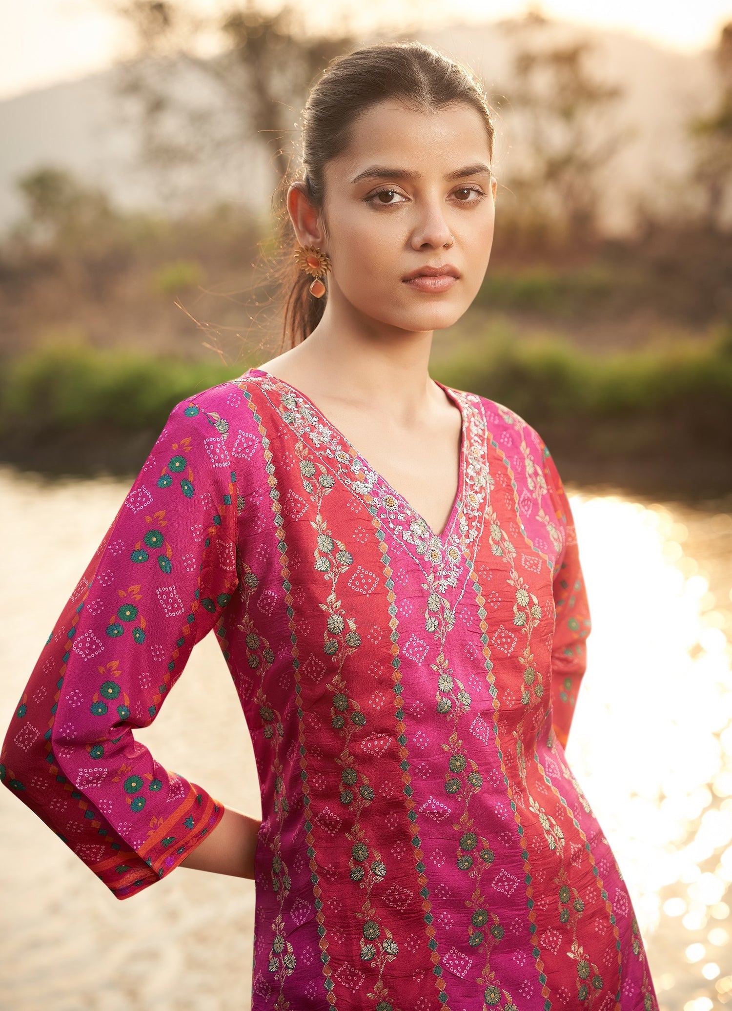 Majestic Pink Chinnon Printed Kurta set with Embroidery