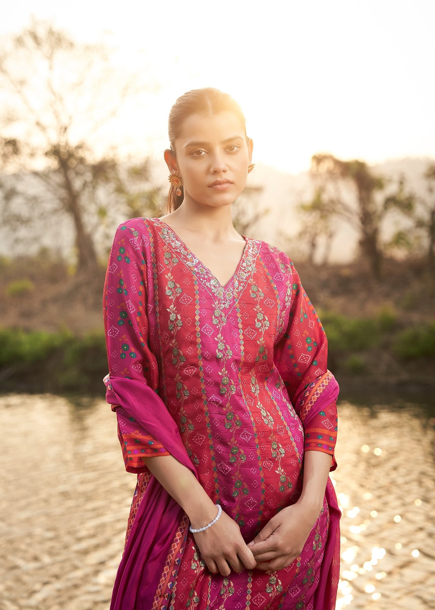 Majestic Pink Chinnon Printed Kurta set with Embroidery