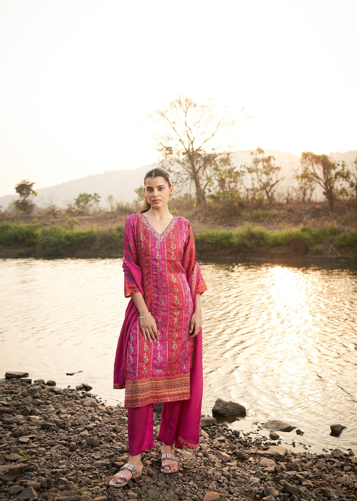 Majestic Pink Chinnon Printed Kurta set with Embroidery