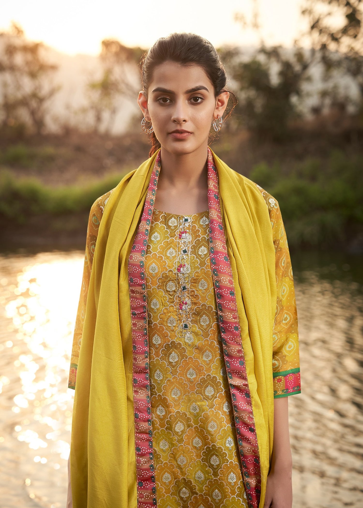 Golden Olive Chinnon Printed Kurta set with Embroidery