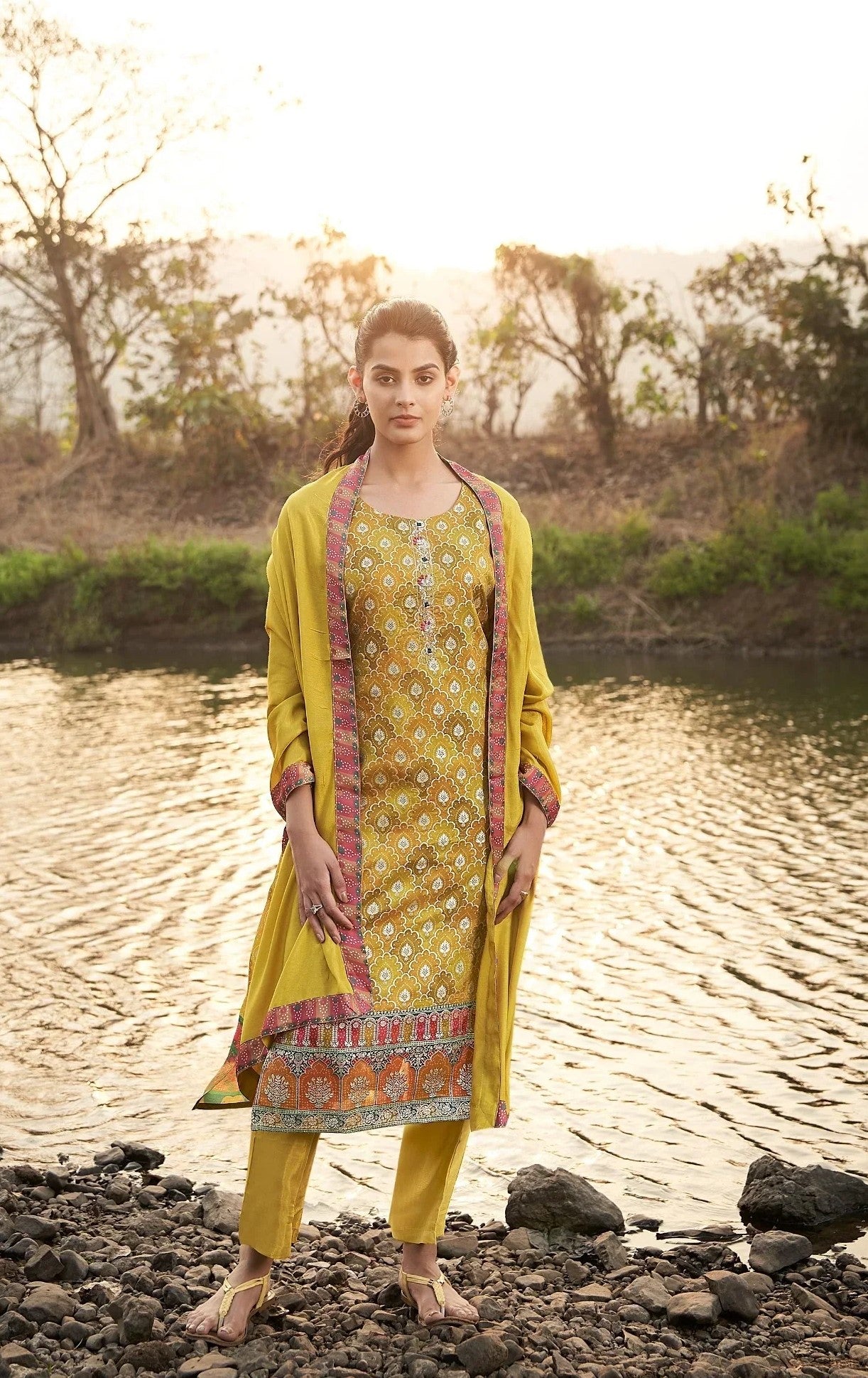 Golden Olive Chinnon Printed Kurta set with Embroidery