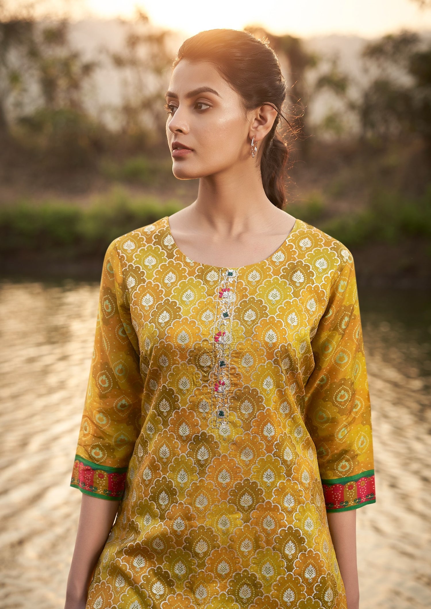 Golden Olive Chinnon Printed Kurta set with Embroidery