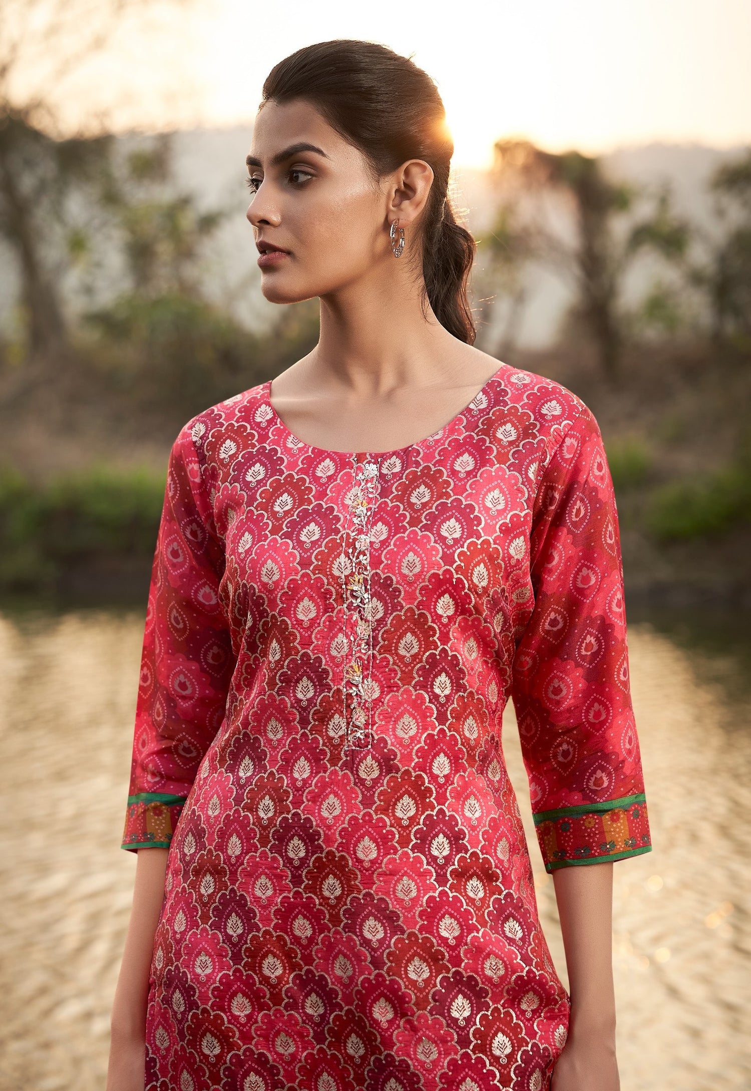 Red Chinnon Printed Kurta set with Embroidery