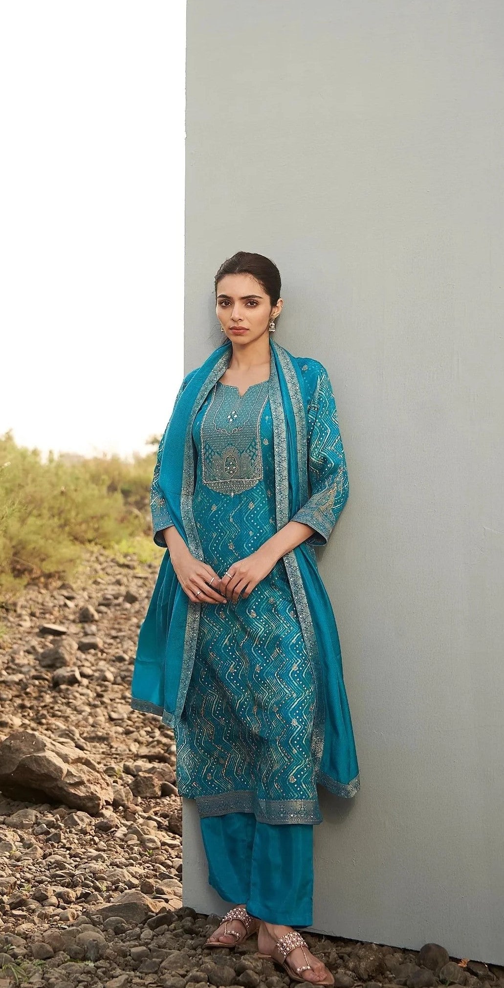 Blue Dola Silk Printed Kurta set with Embroidery