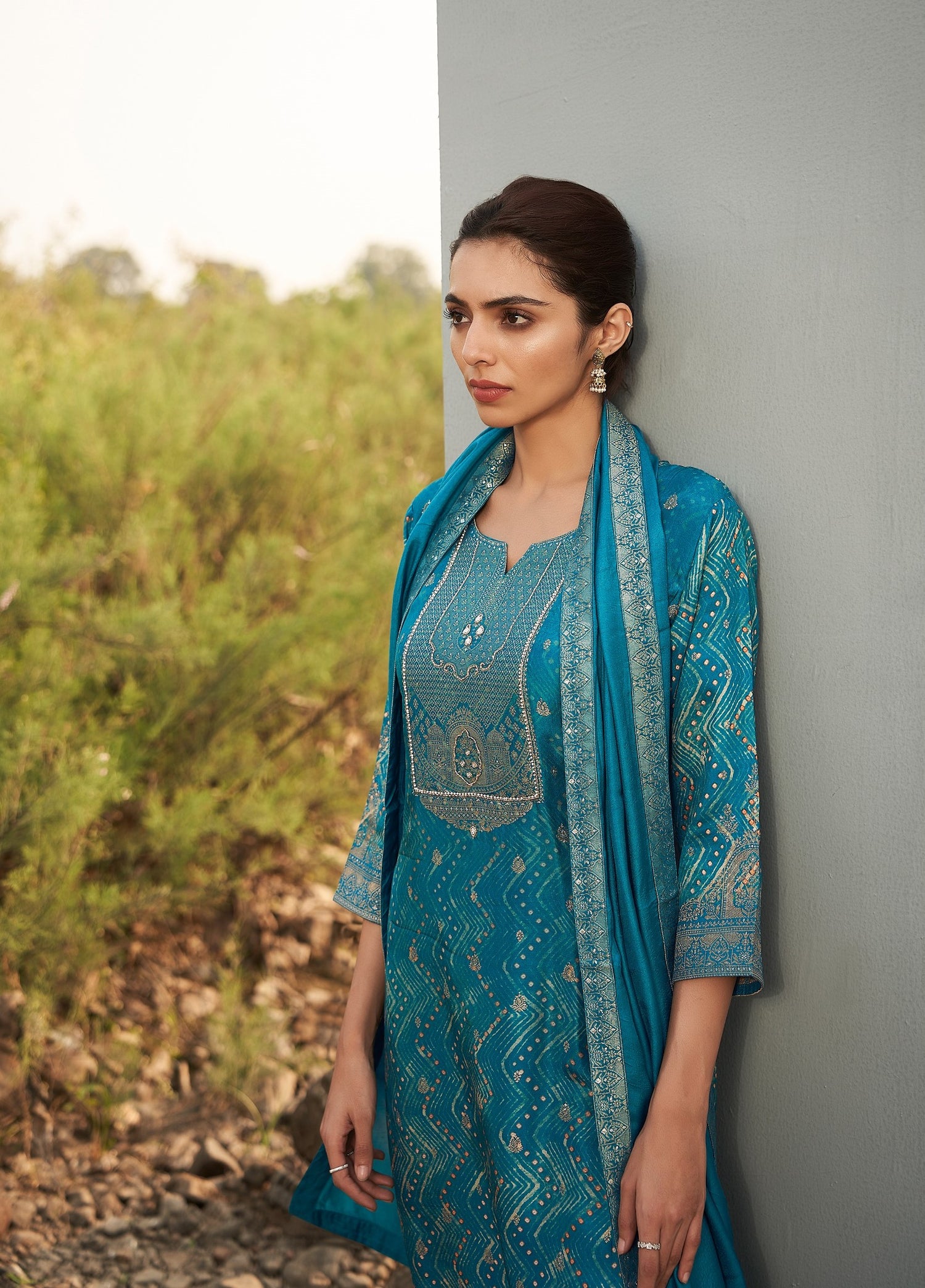 Blue Dola Silk Printed Kurta set with Embroidery