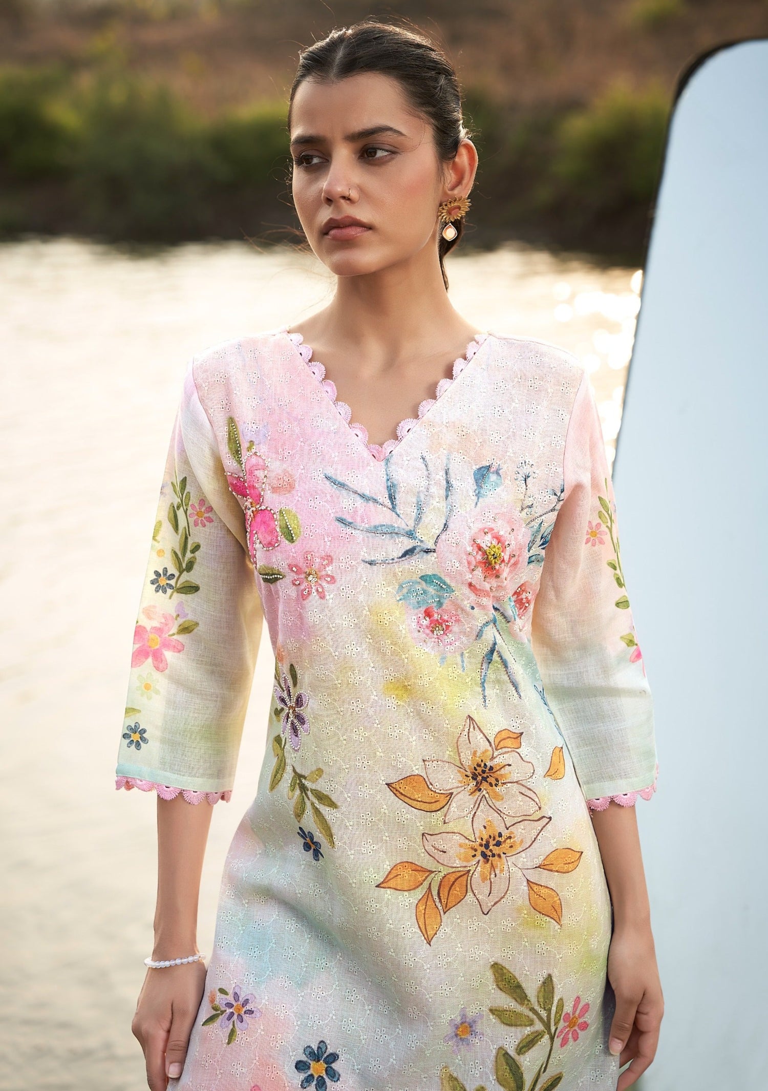 Vivid Blossom Linen Printed Kurta set with Embroidery