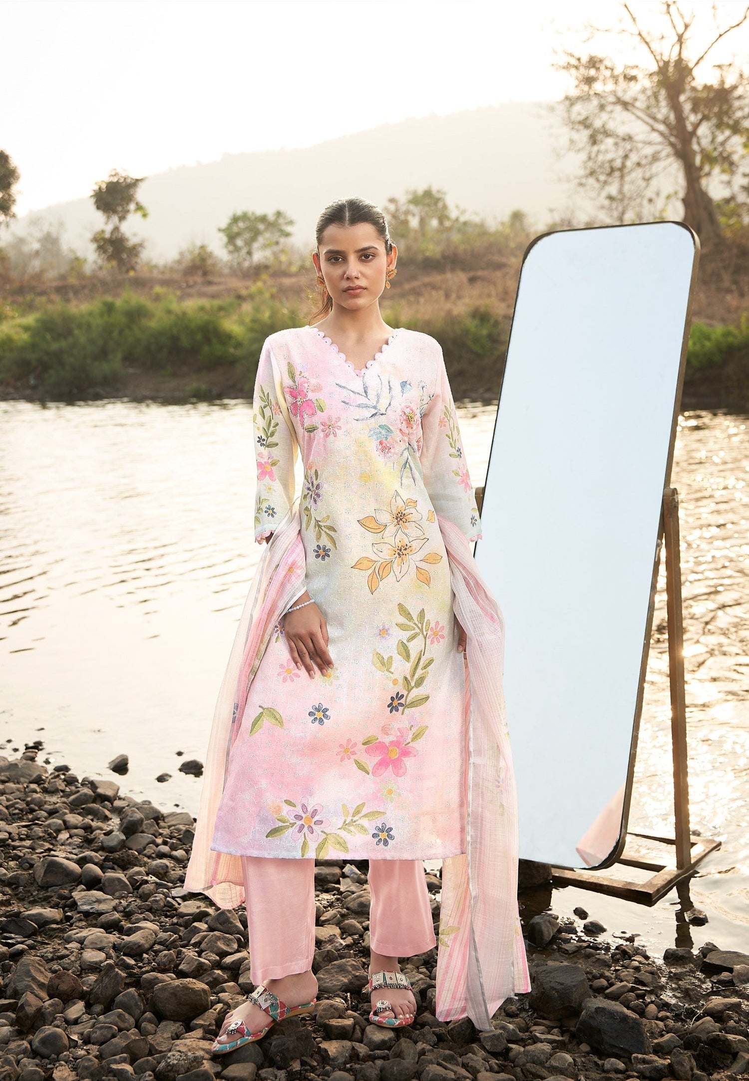 Vivid Blossom Linen Printed Kurta set with Embroidery