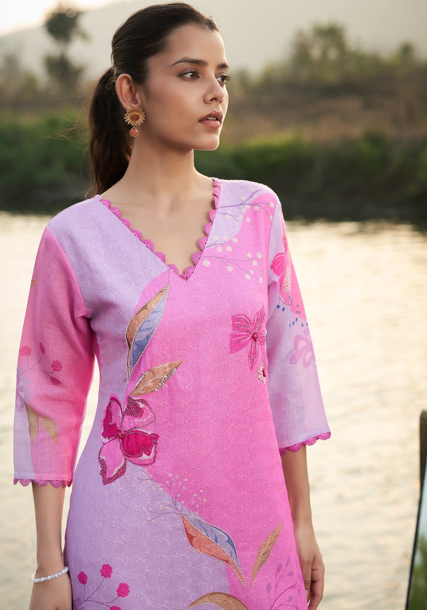 Lavendar Bloom Linen Printed Kurta set with Embroidery