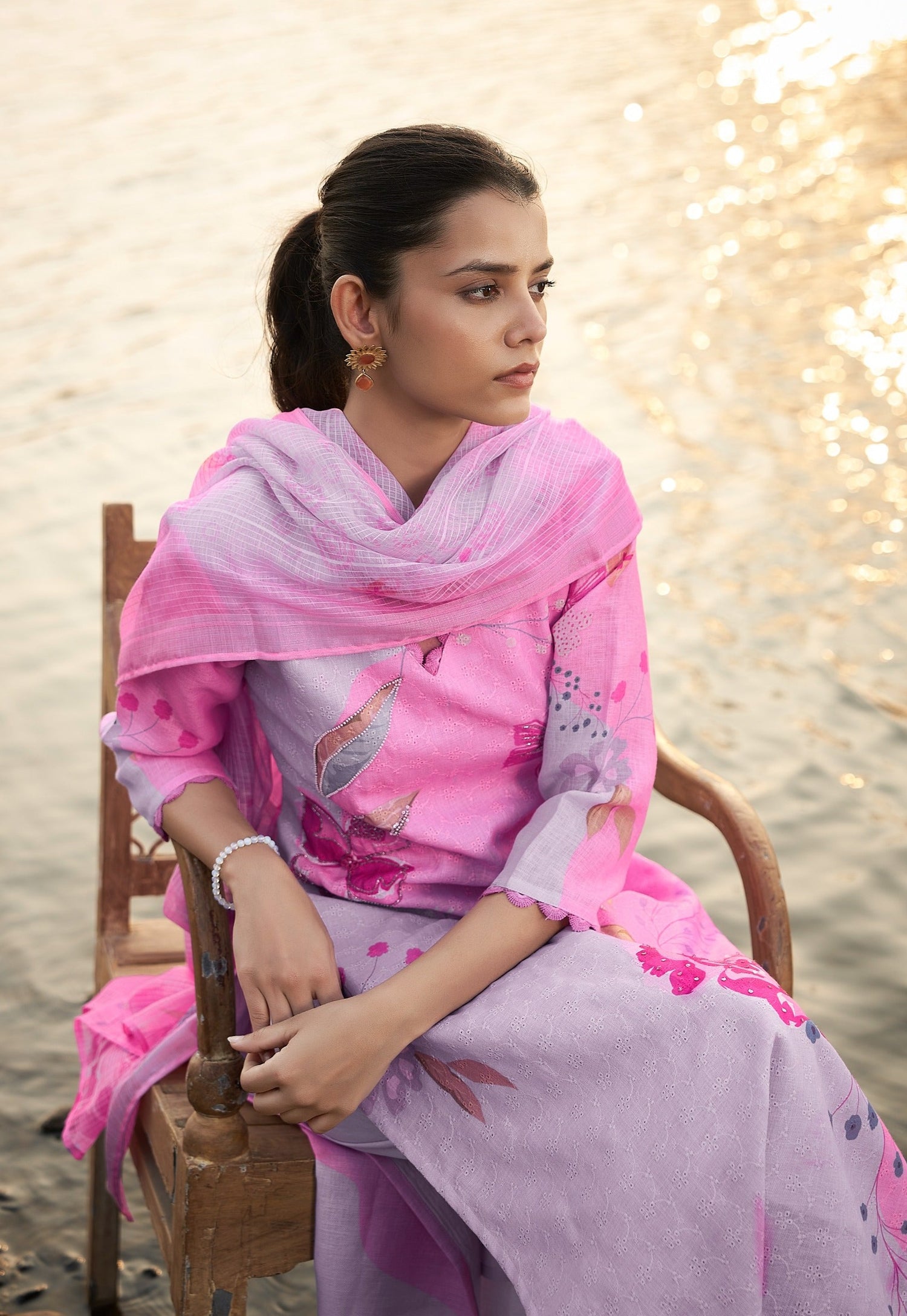 Lavendar Bloom Linen Printed Kurta set with Embroidery