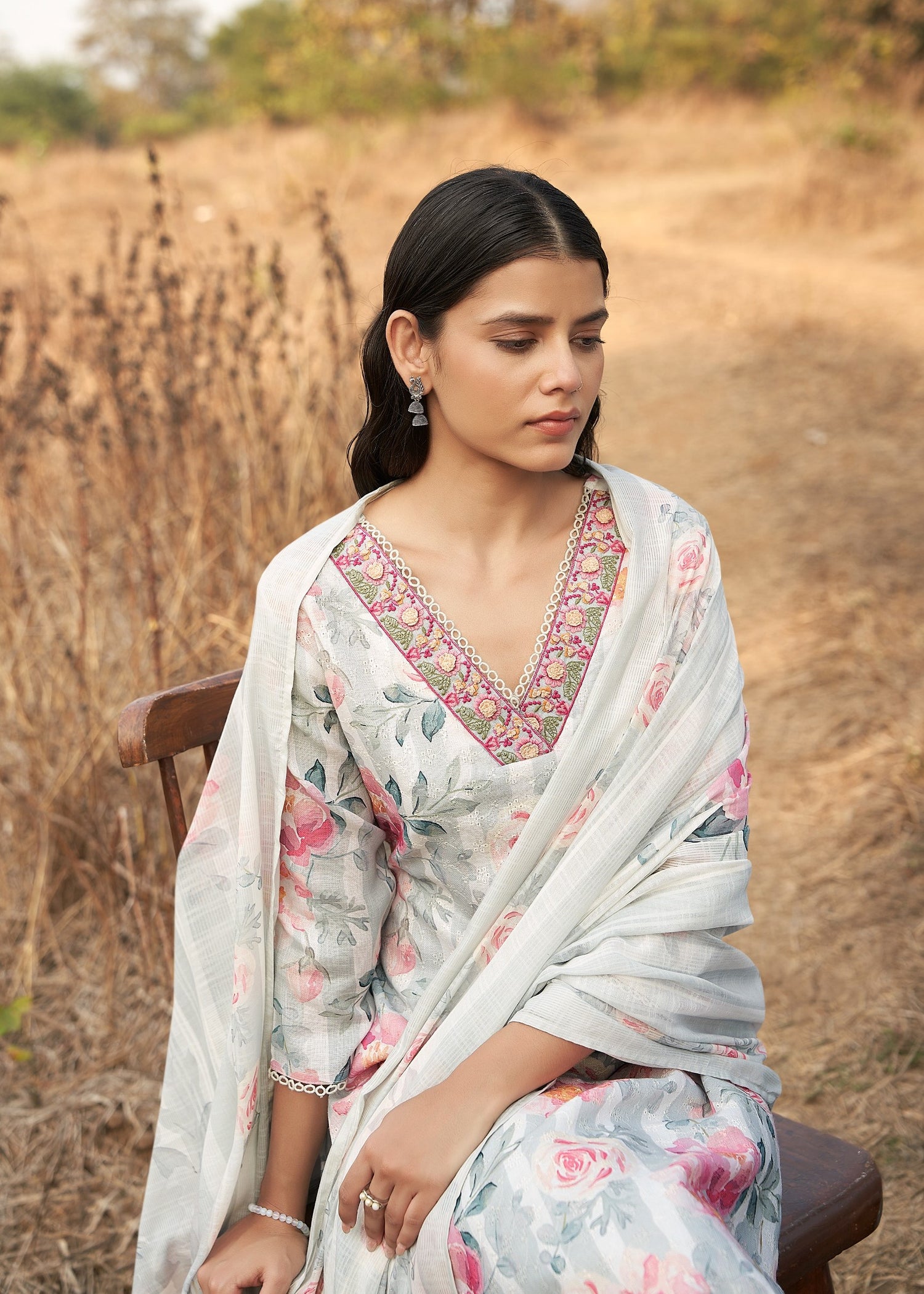 Misty Floral Linen Printed Kurta set with Embroidery