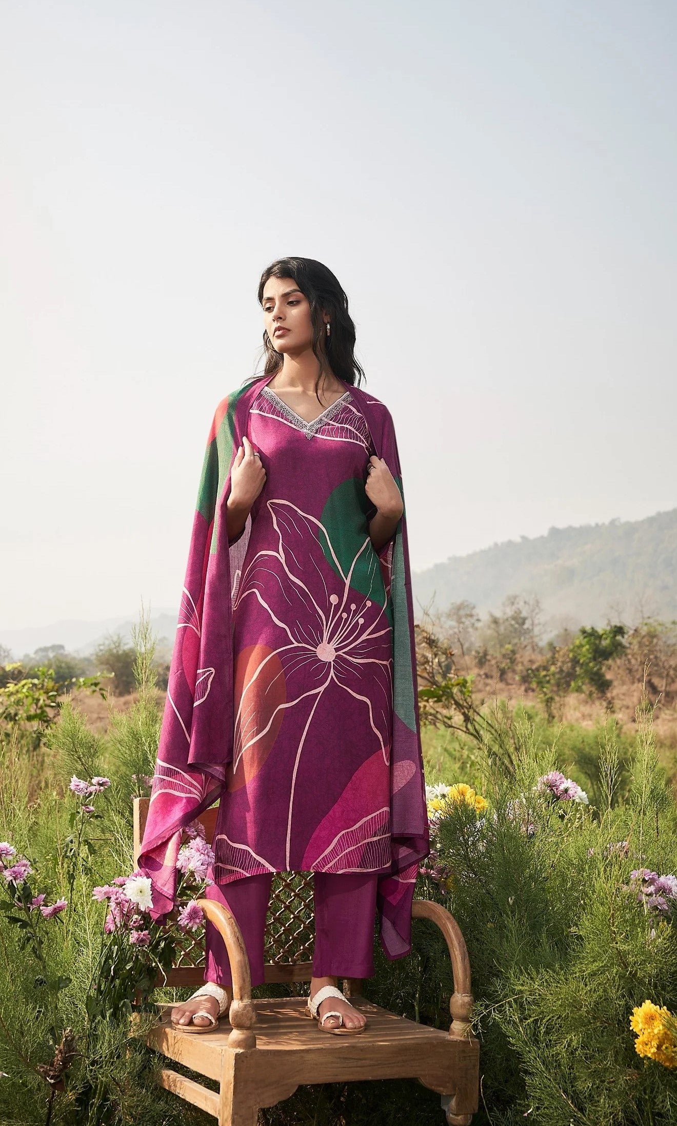 Floral wine Muslin Silk Printed Kurta set with Embroidery