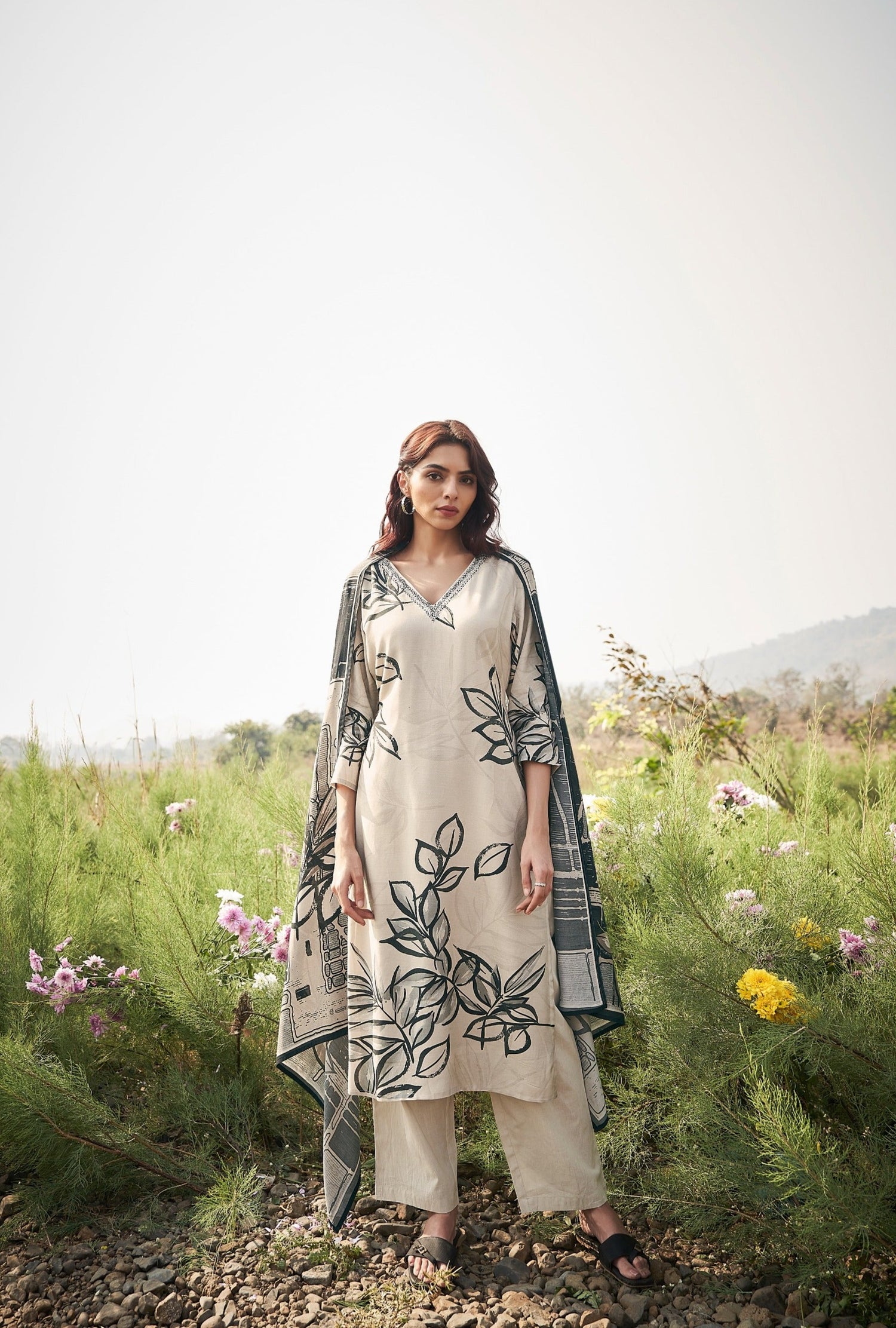 Vanilla Leafy Muslin Silk Printed Kurta set with Embroidery