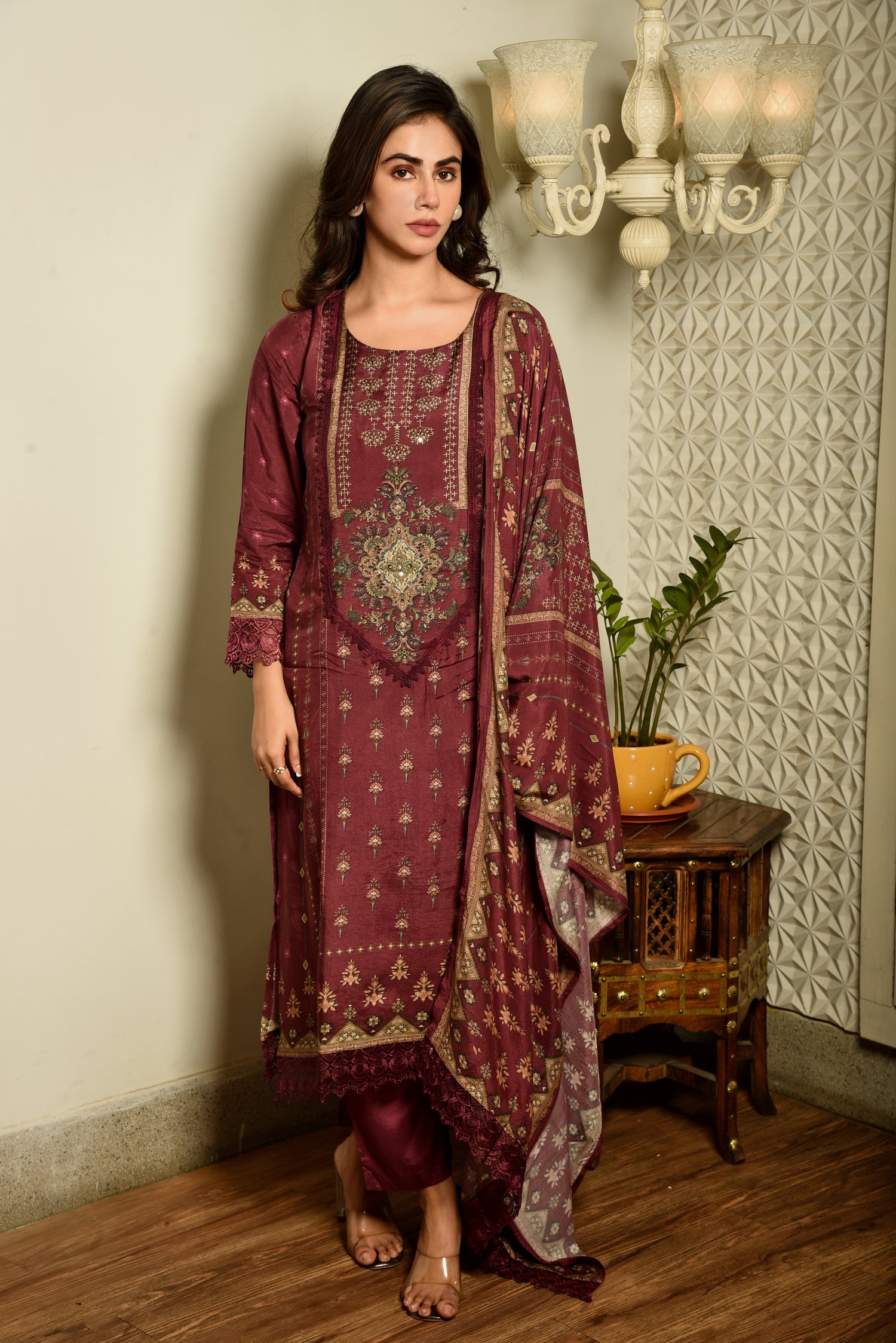 Wine Muslin Silk Printed Kurta set with Embroidery & crochet lace