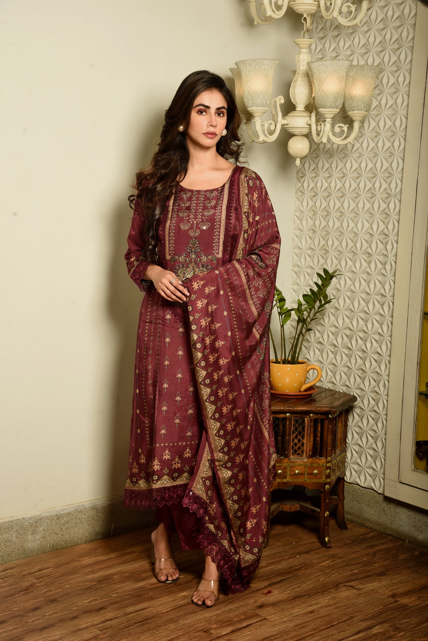 Wine Muslin Silk Printed Kurta set with Embroidery & crochet lace