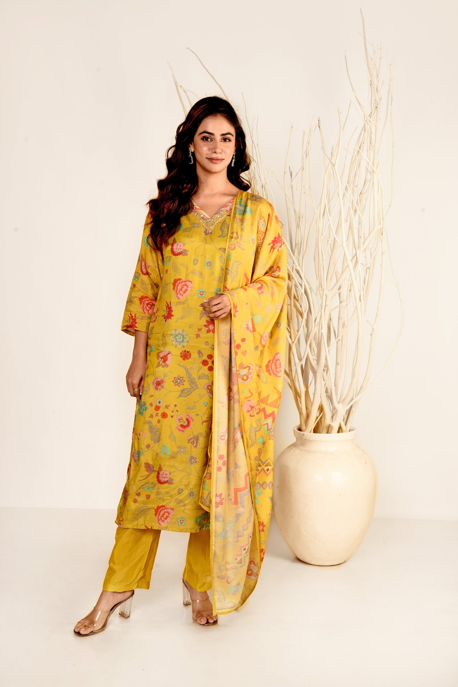 Sunshine Yellow Muslin Silk Floral Printed Kurta set with Embroidery