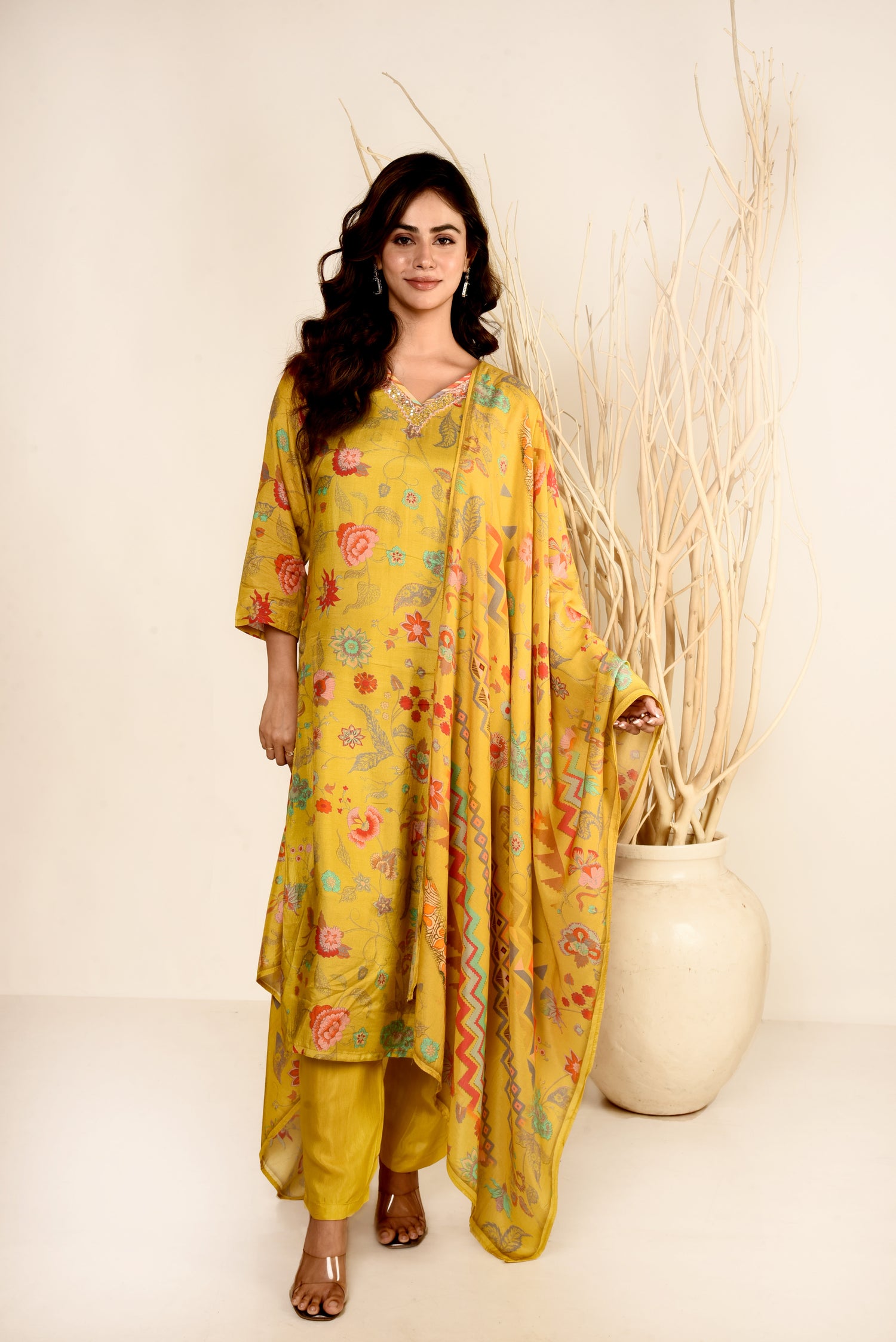 Sunshine Yellow Muslin Silk Floral Printed Kurta set with Embroidery